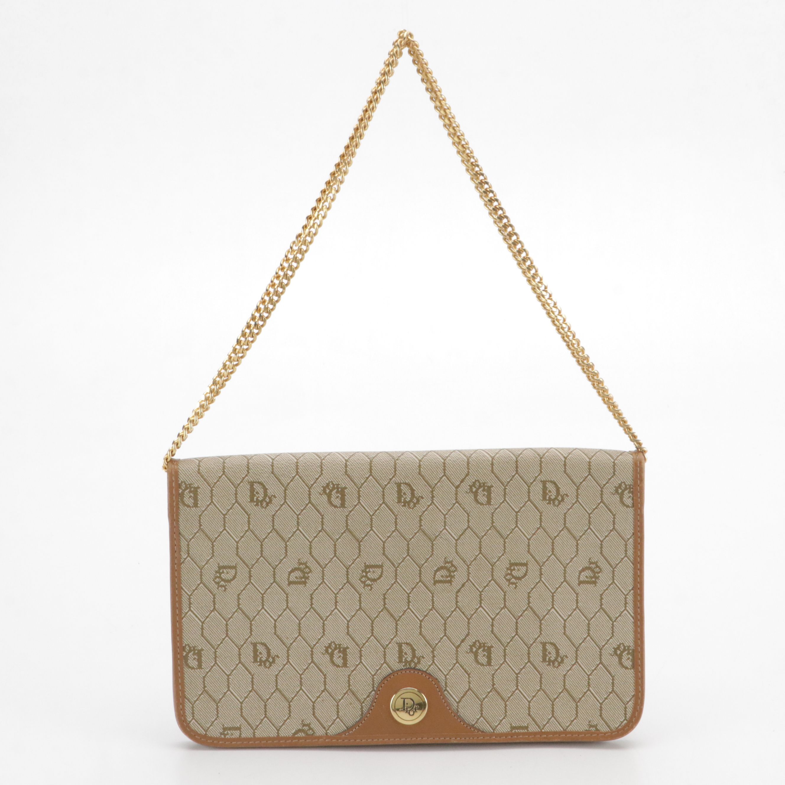 Christian Dior Full Flap Chain Link Shoulder Bag in Honeycomb Canvas & Leather