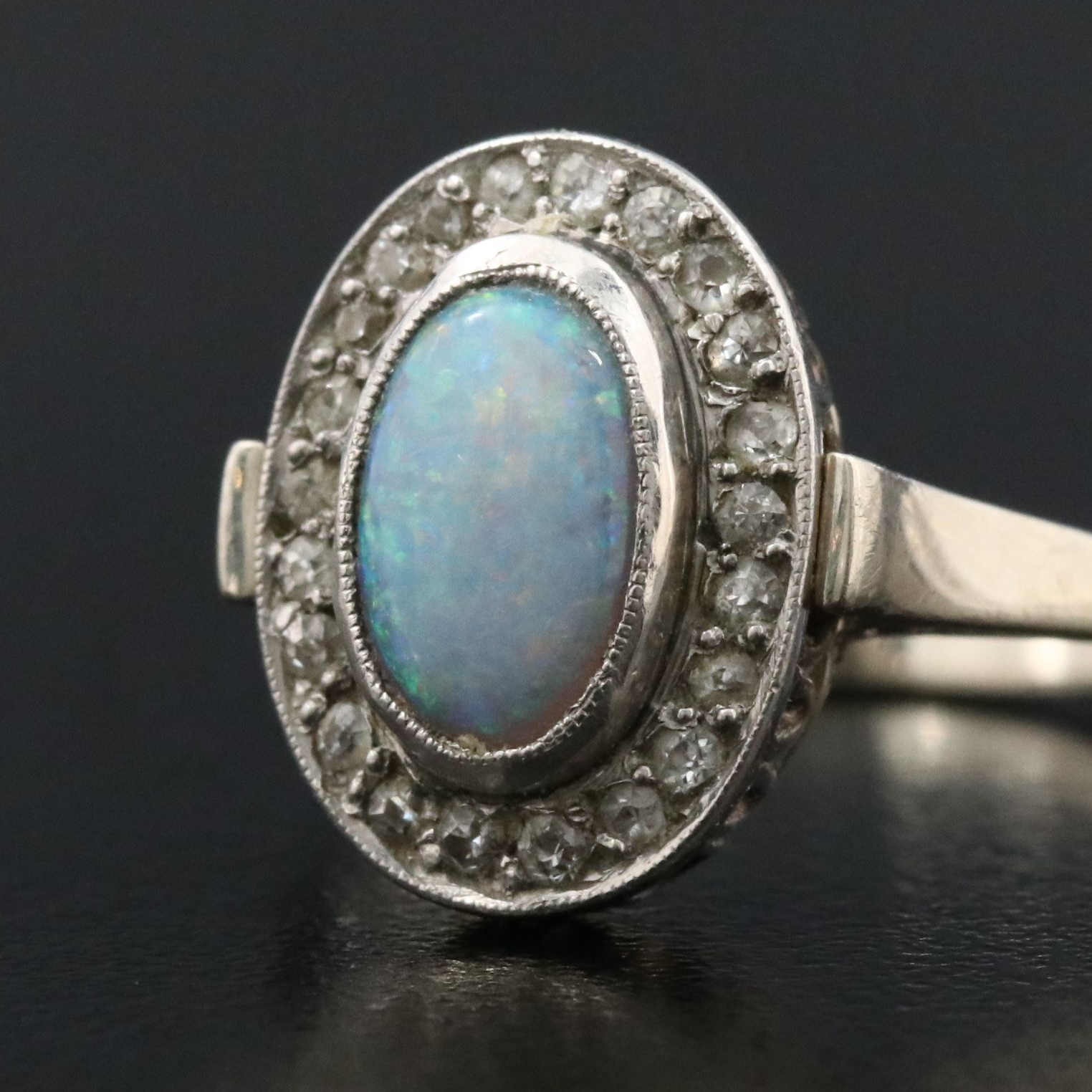 14K Opal and Diamond Halo Ring