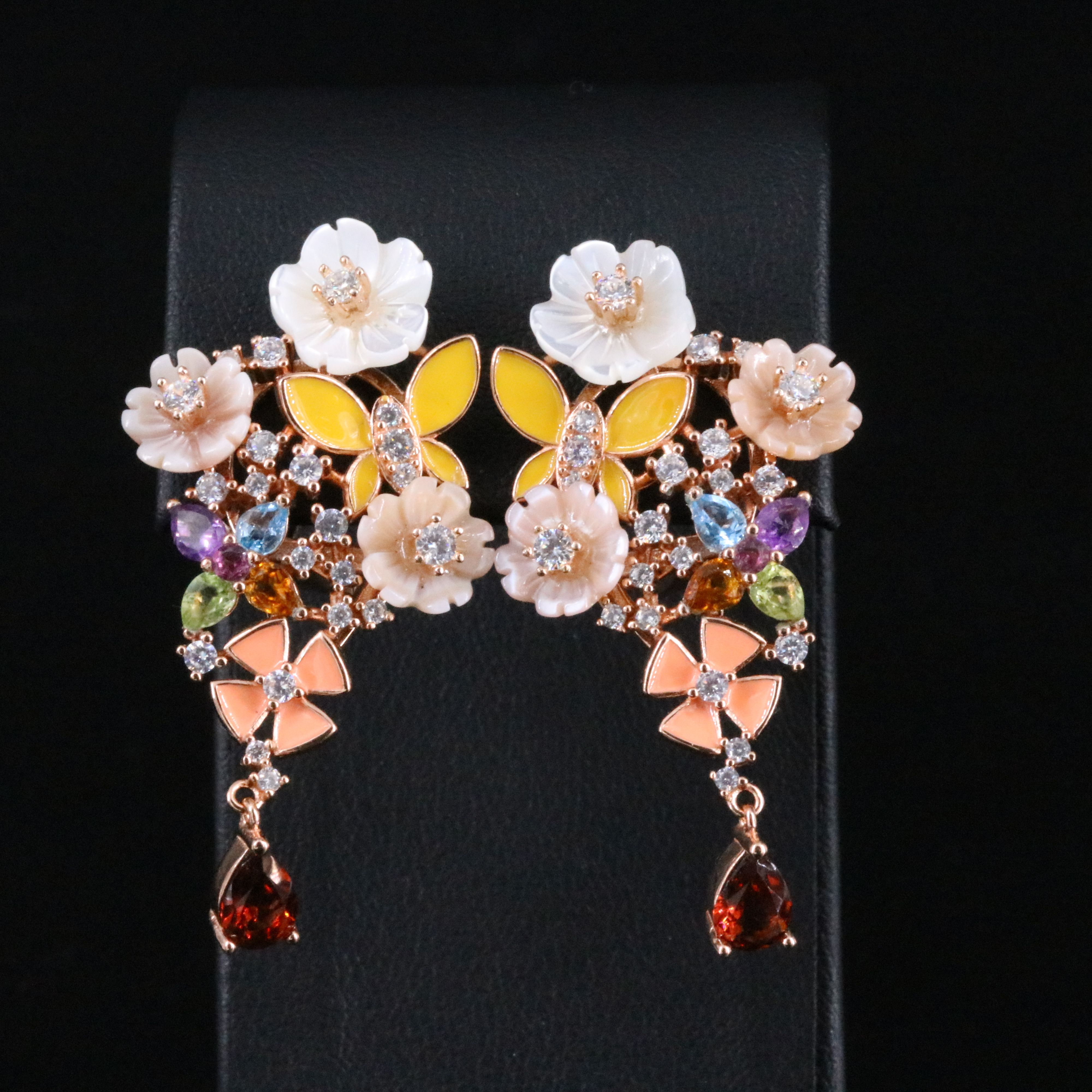 Sterling Floral Cluster Drop Earrings Featuring Citrine, Amethyst and CZ