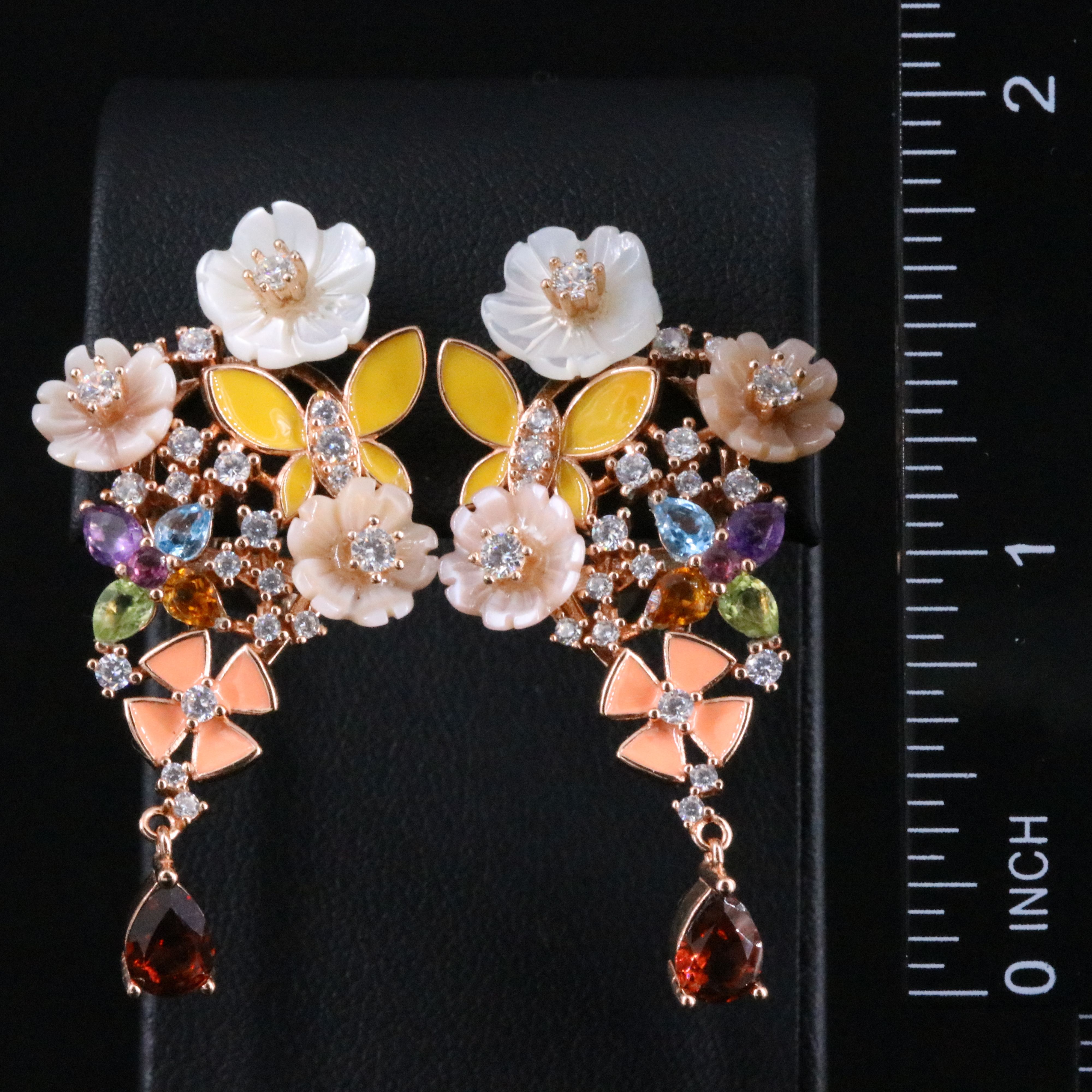 Sterling Floral Cluster Drop Earrings Featuring Citrine, Amethyst and CZ