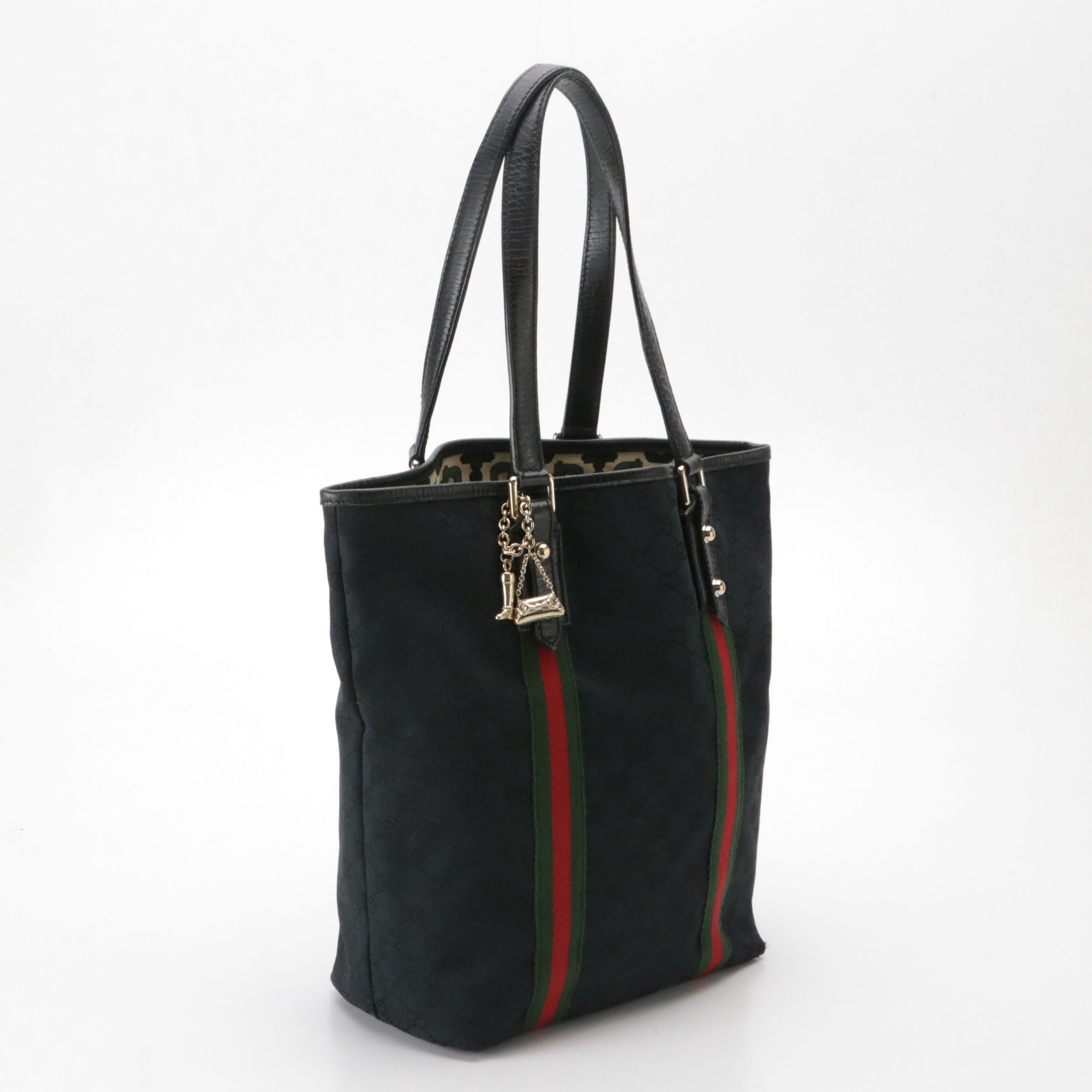 Gucci Jolicoeur Tote Bag in Black GG Canvas & Leather with Web Stripe Detail