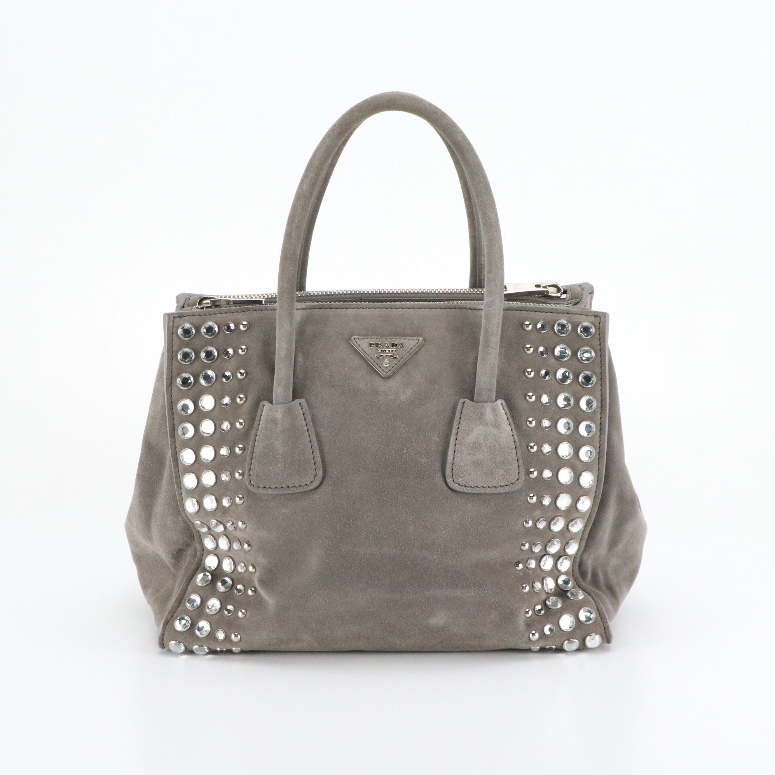 Prada Twin Pocket Top Handle Tote Bag in Embellished Grey Suede