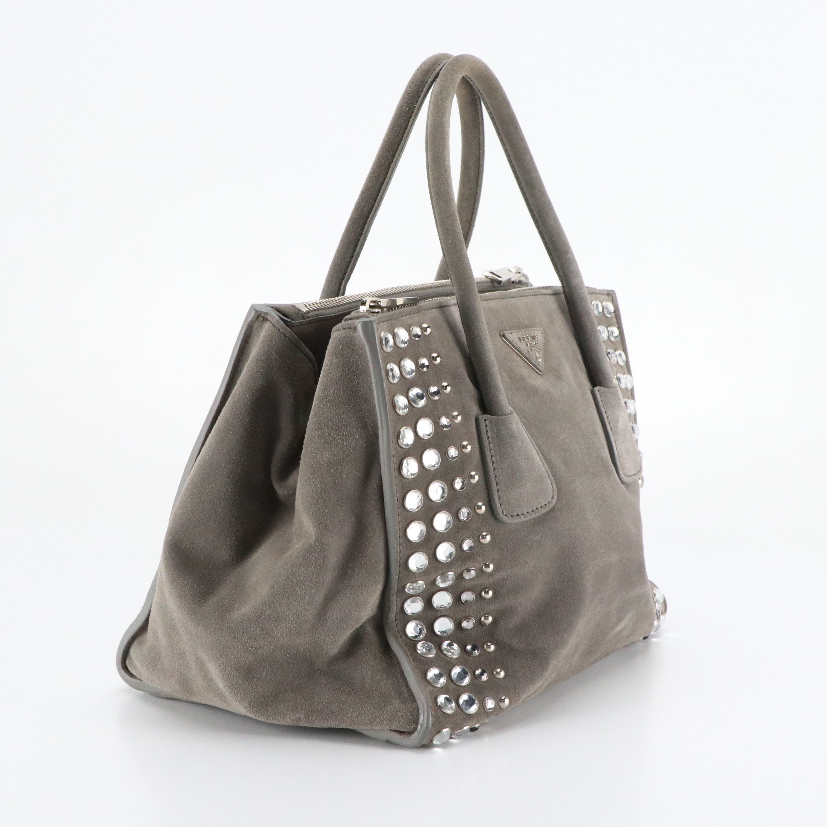 Prada Twin Pocket Top Handle Tote Bag in Embellished Grey Suede