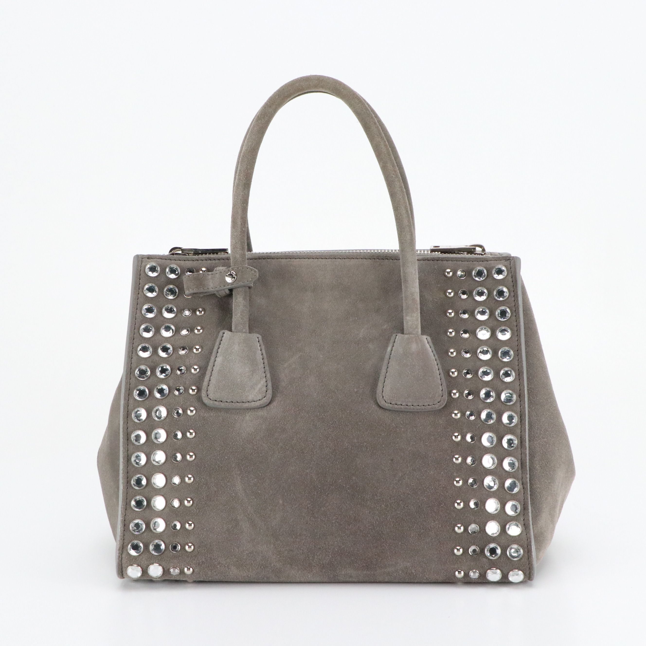 Prada Twin Pocket Top Handle Tote Bag in Embellished Grey Suede