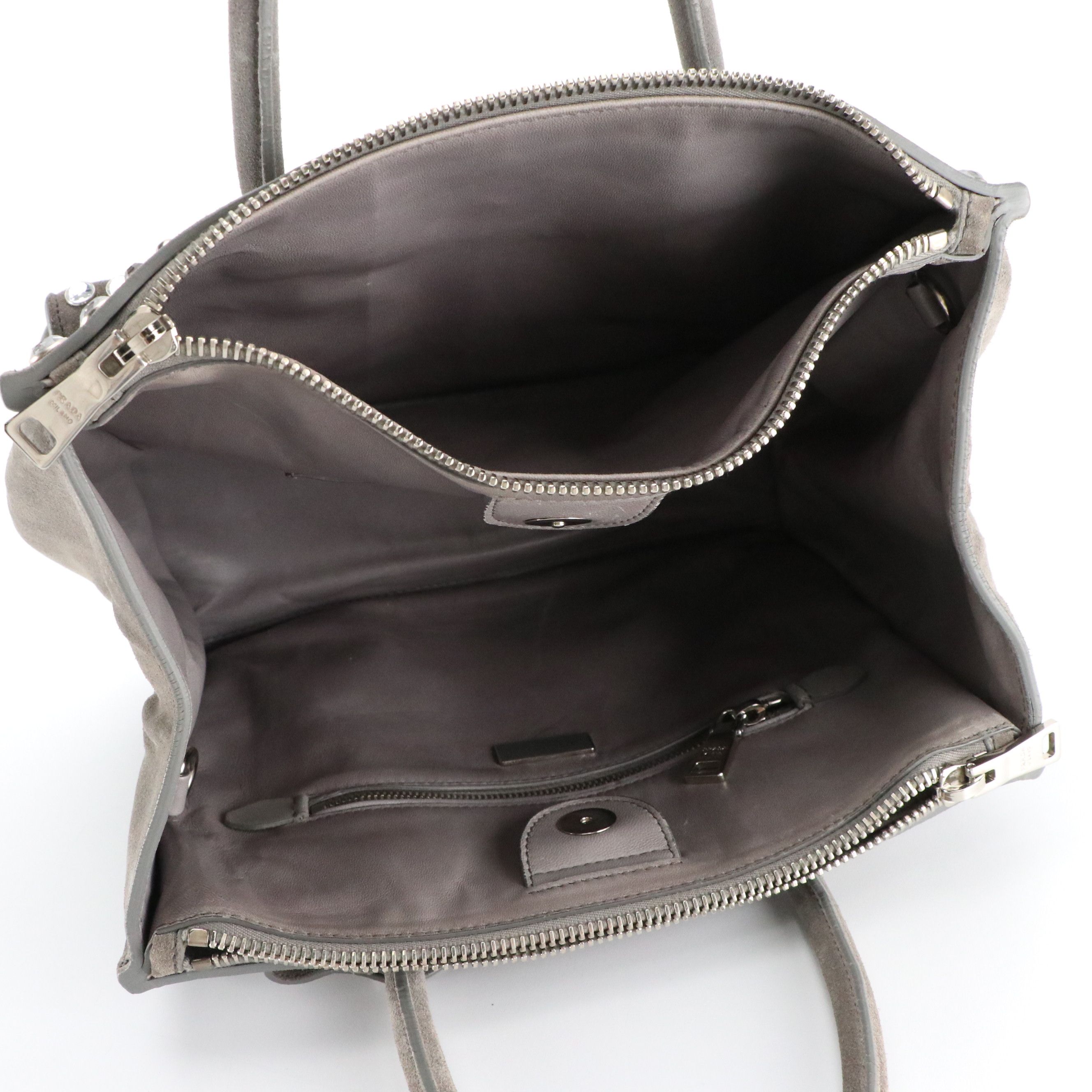 Prada Twin Pocket Top Handle Tote Bag in Embellished Grey Suede