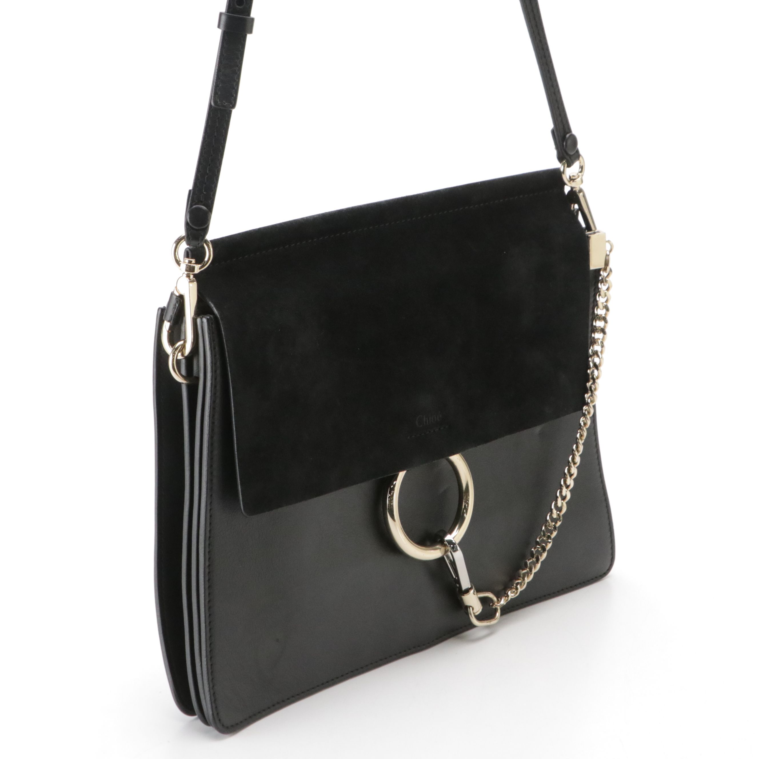 Chloé Faye Medium Shoulder Bag in Black Calfskin Leather and Suede
