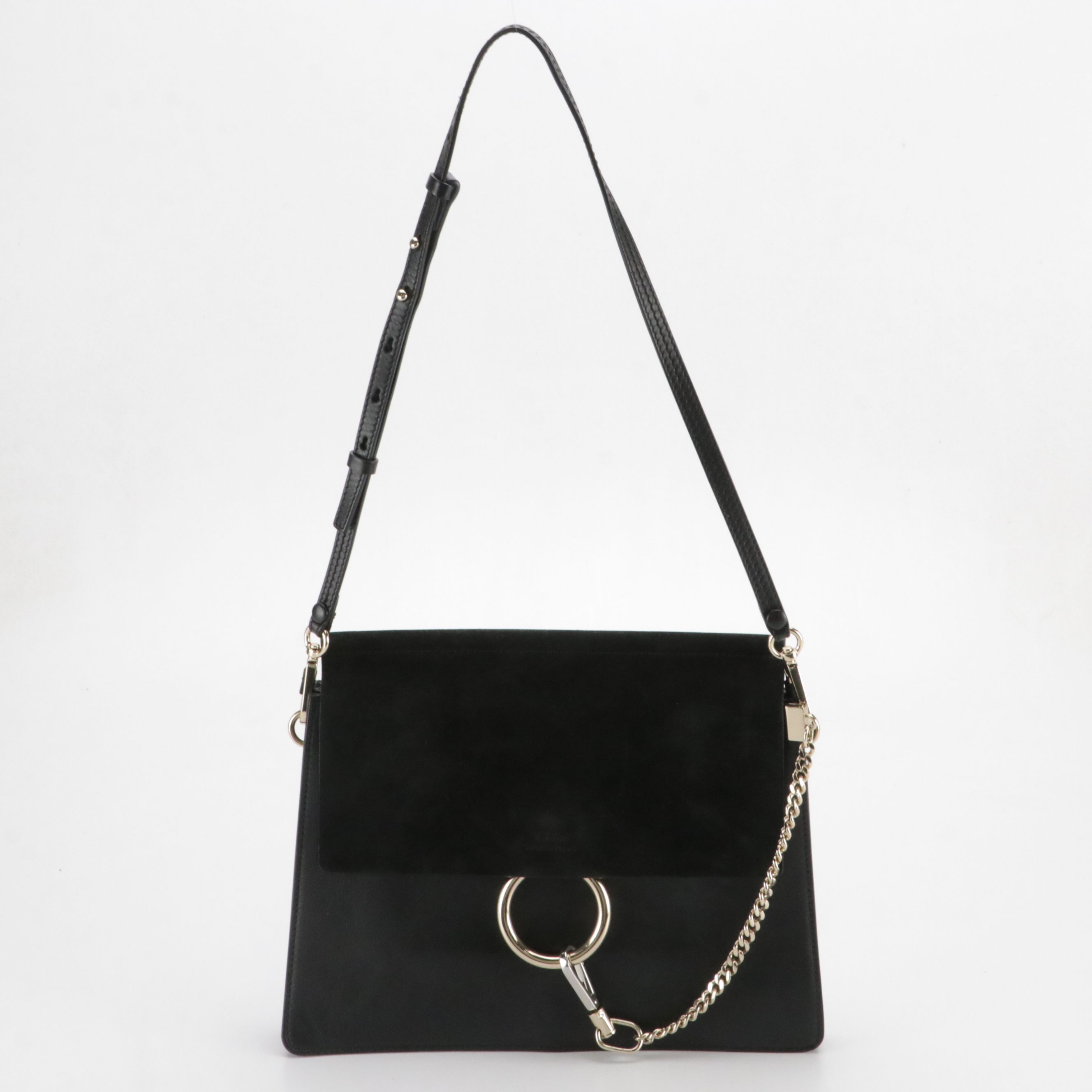 Chloé Faye Medium Shoulder Bag in Black Calfskin Leather and Suede