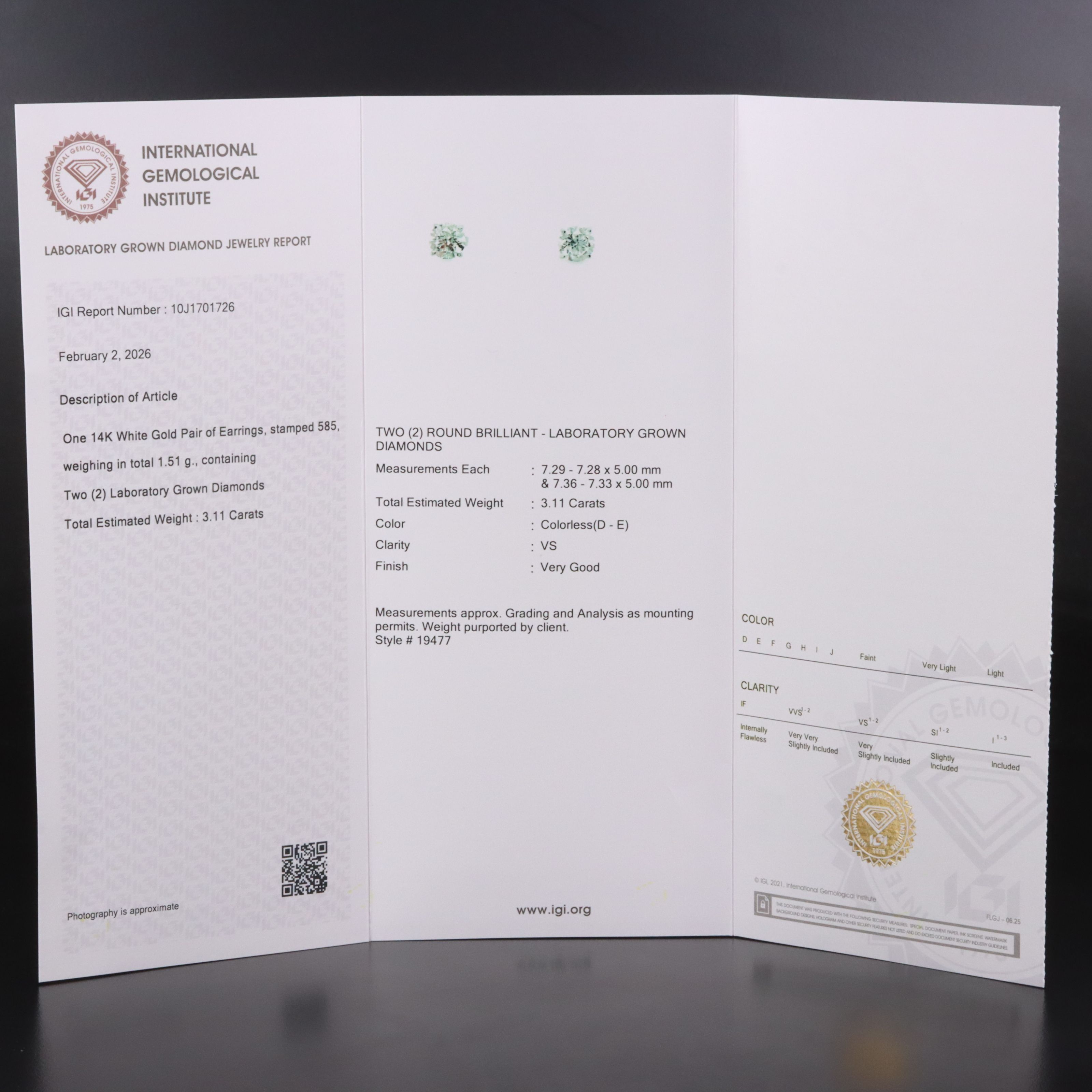 3.11 CTW Lab Grown Diamond Stud Earrings with IGI Jewelry Report