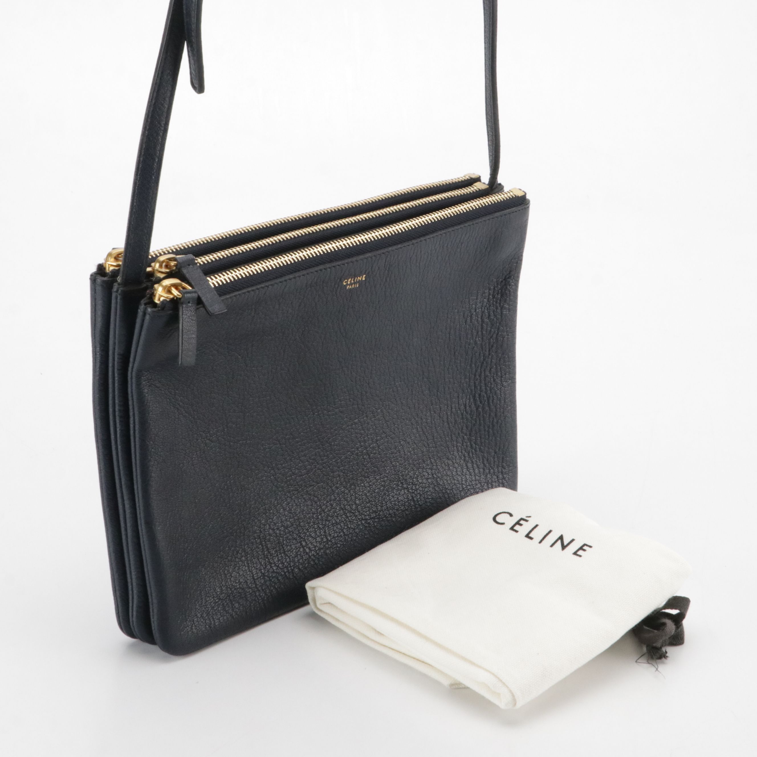 Céline Trio Zip Crossbody Bag in Navy Blue Grained Calfskin Leather