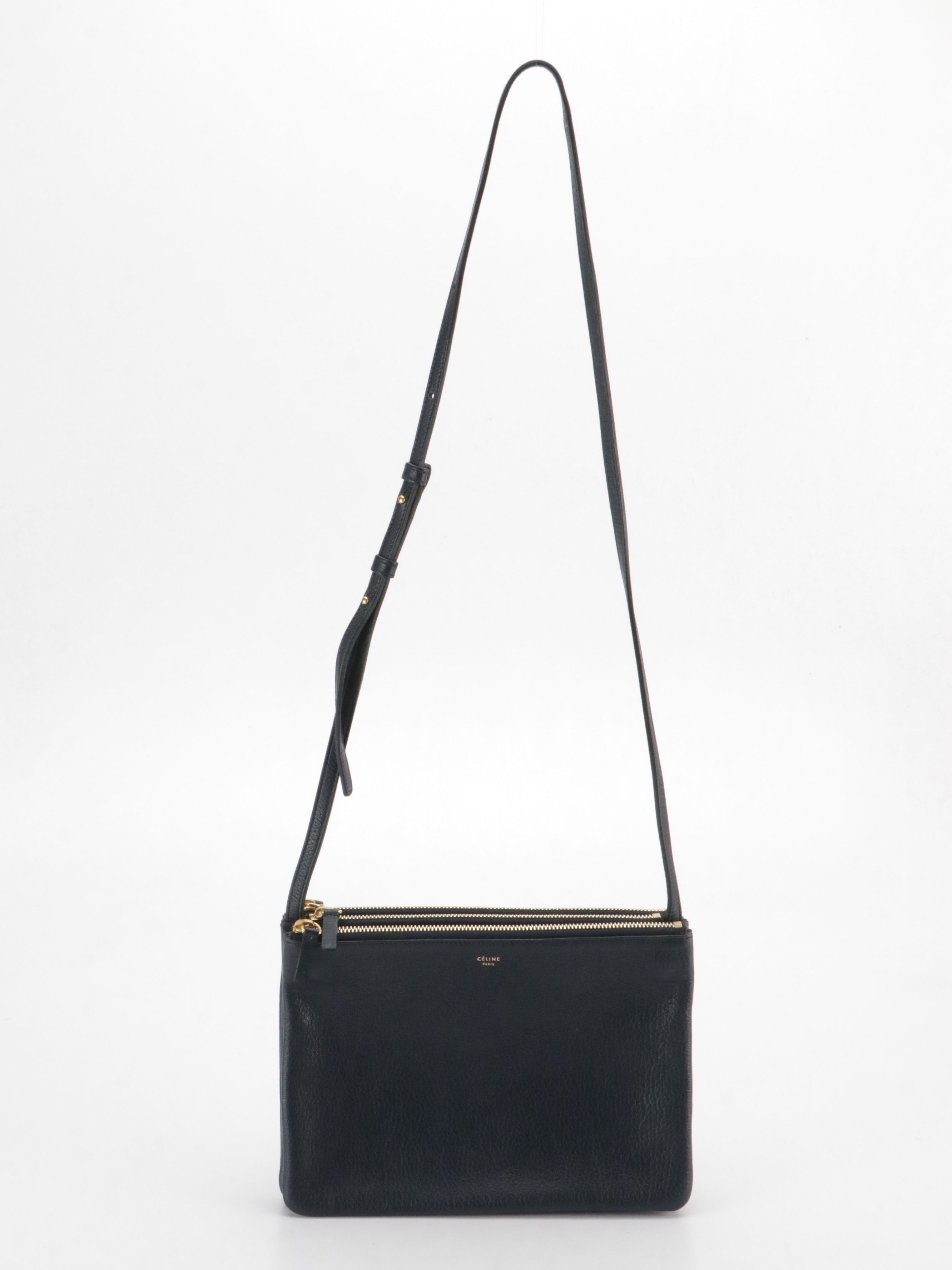 Céline Trio Zip Crossbody Bag in Navy Blue Grained Calfskin Leather