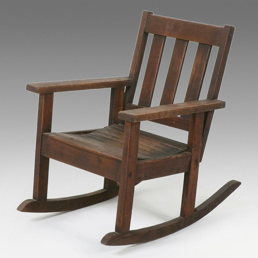 Arts and Crafts Style Oak Slatted Child's Rocking Chair, Early 20th Century