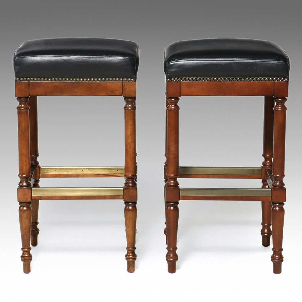 Pair of Frontgate Pub Style Leather Counter Stools, 2014