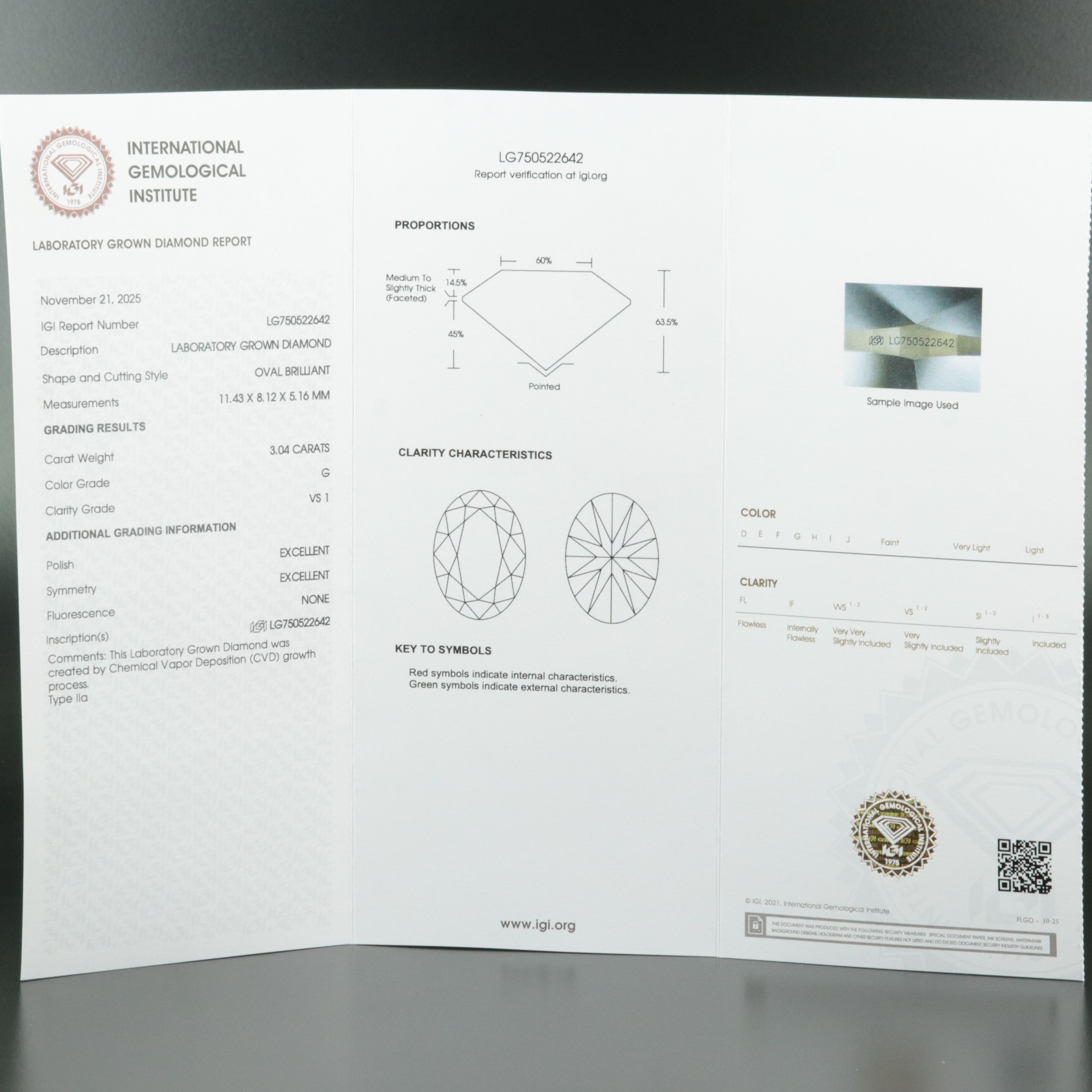 Loose 3.04 CT Lab Grown Diamond with IGI Report