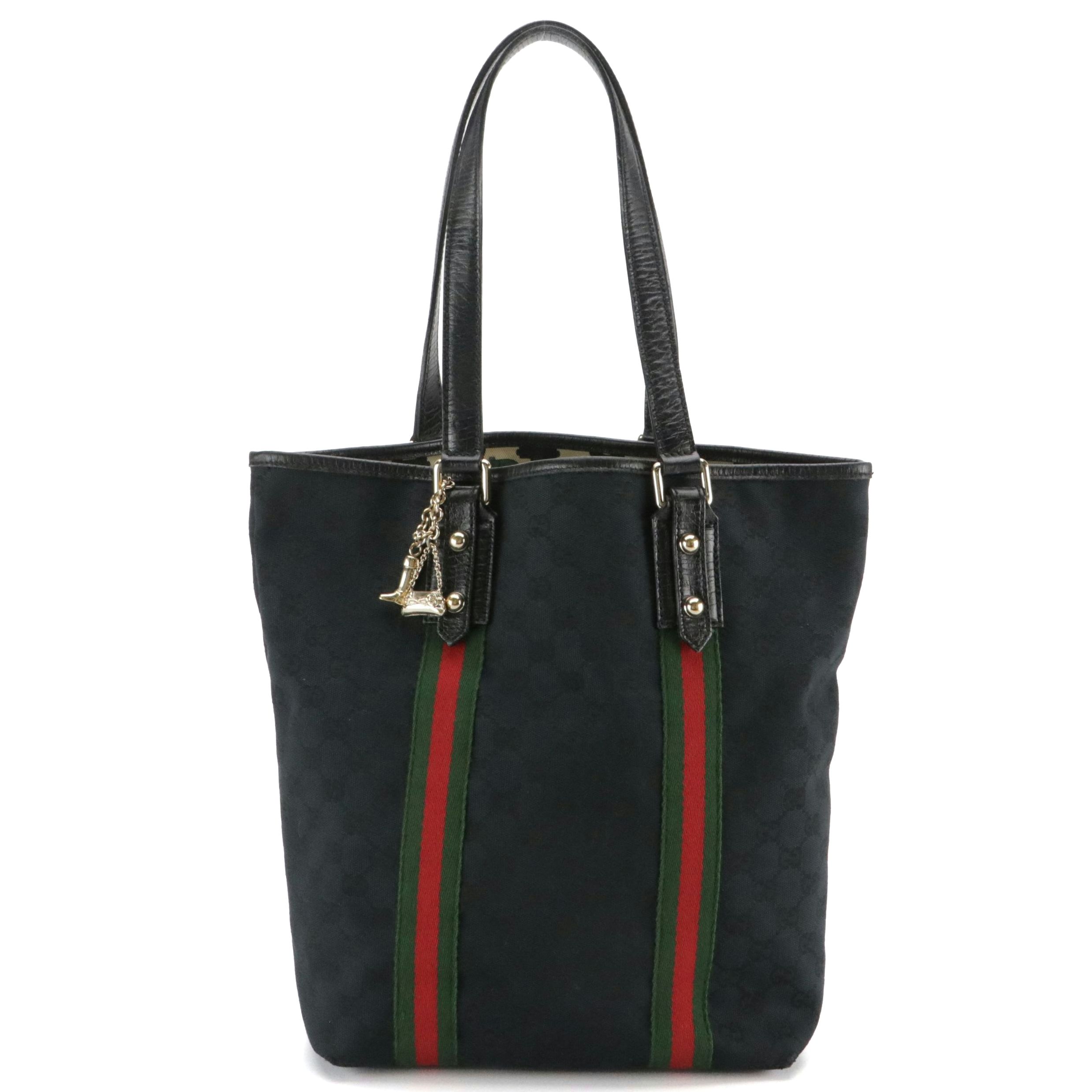 Gucci Jolicoeur Tote Bag in Black GG Canvas & Leather with Web Stripe Detail