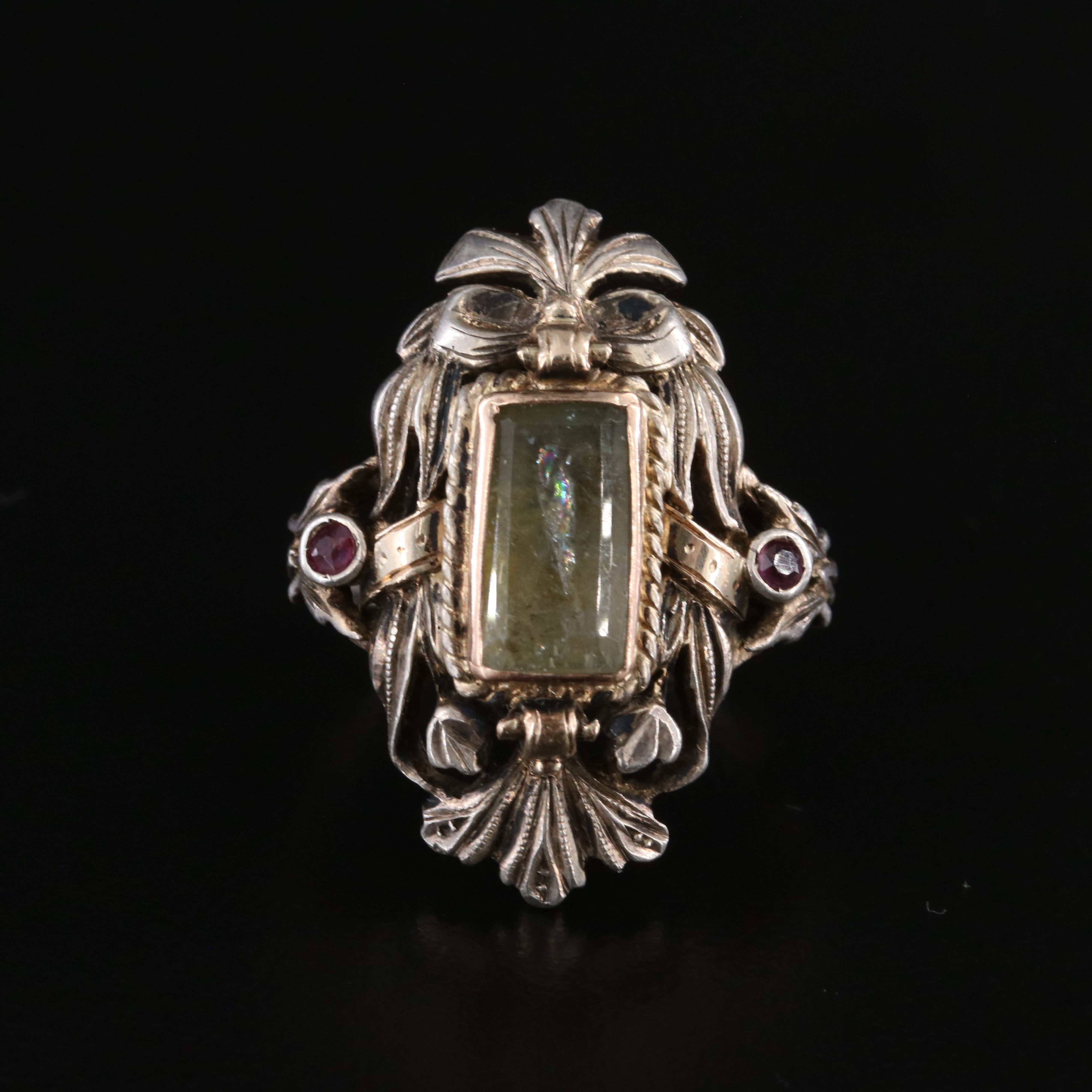 Renaissance Revival Sterling Shield Ring with Beryl and Ruby