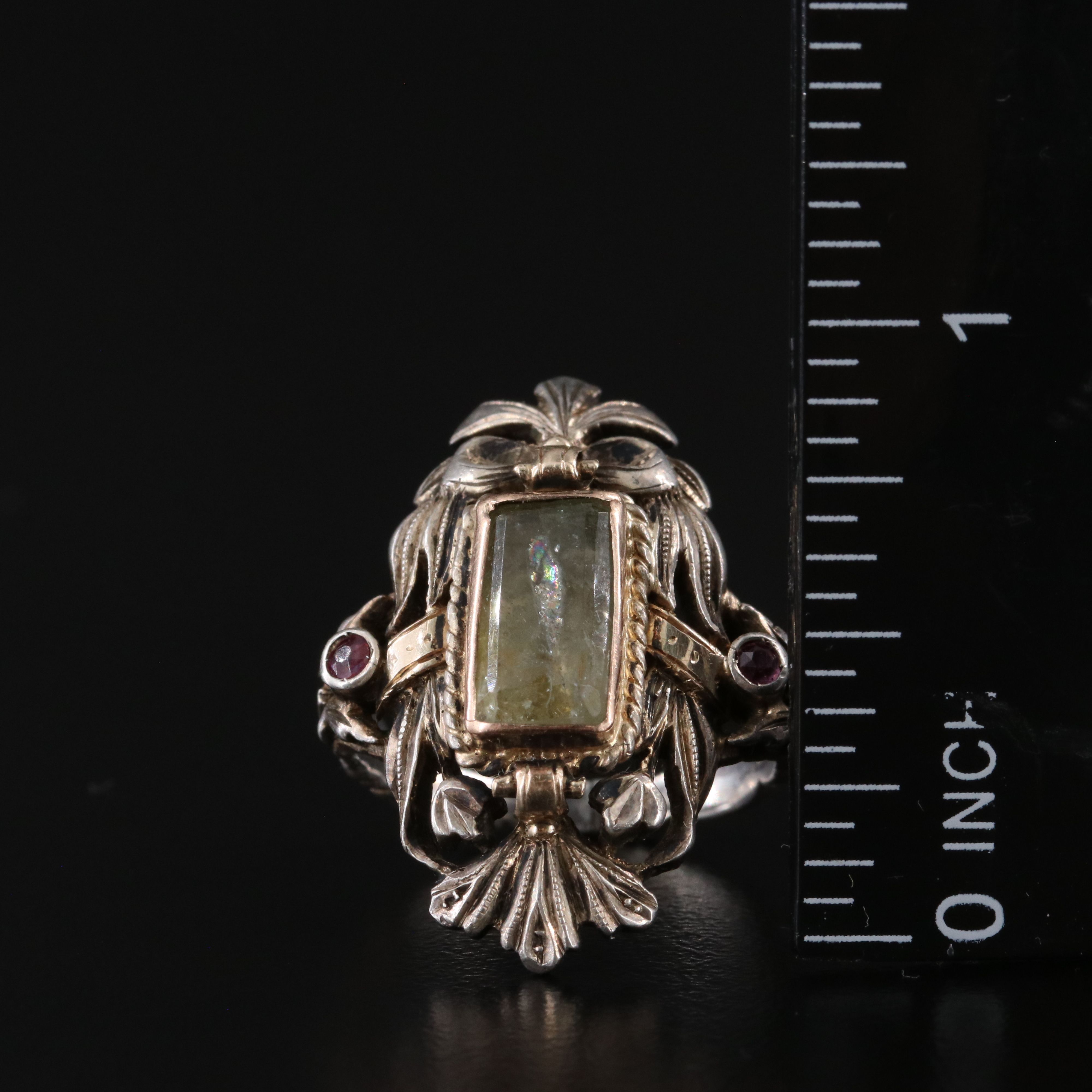 Renaissance Revival Sterling Shield Ring with Beryl and Ruby