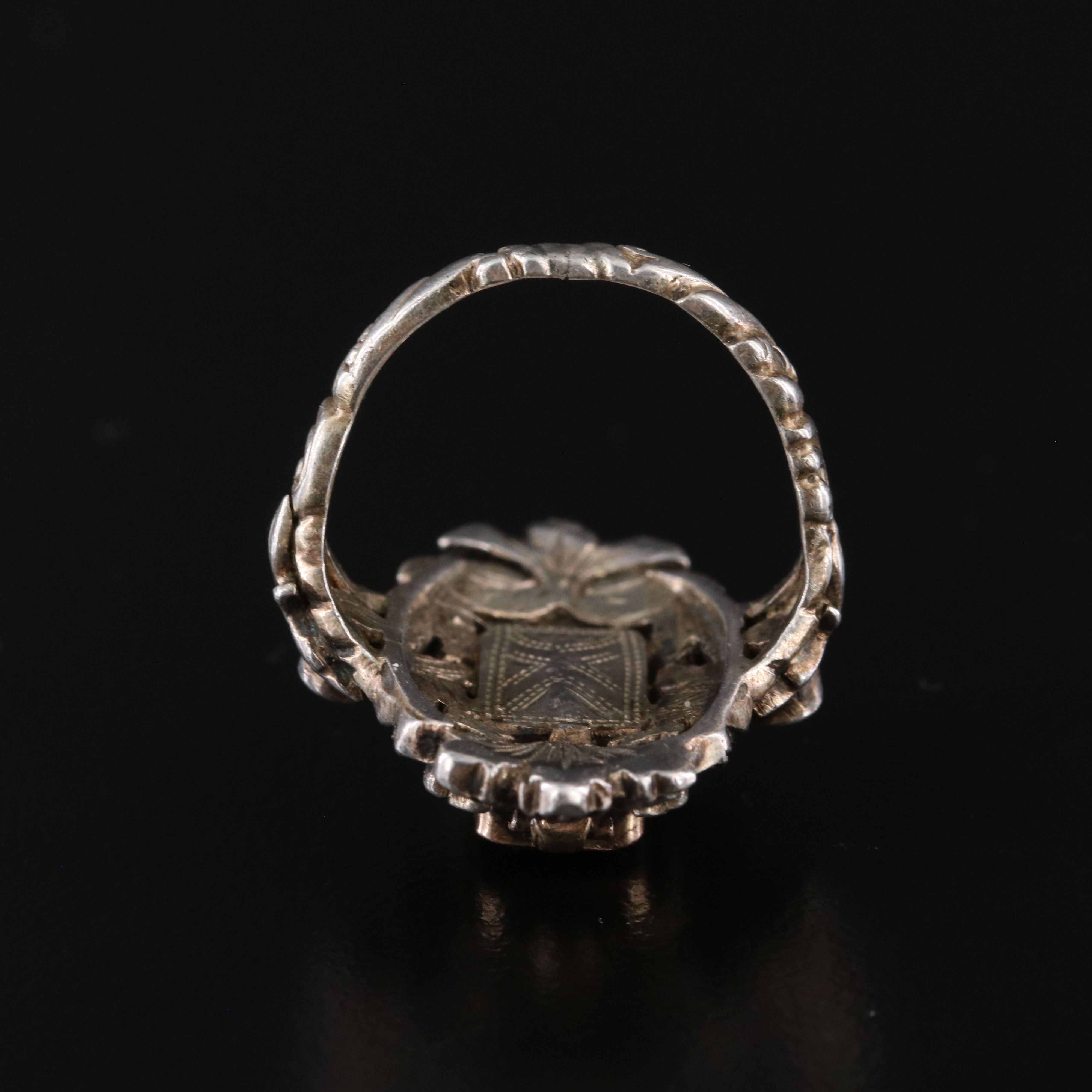 Renaissance Revival Sterling Shield Ring with Beryl and Ruby