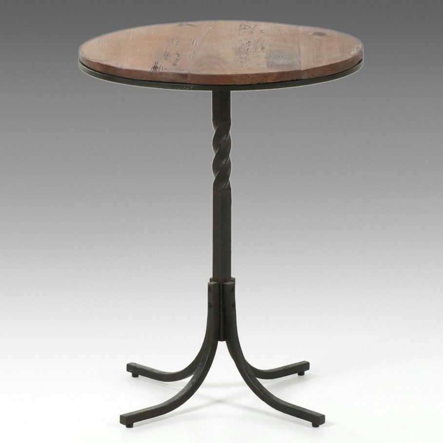 Arts & Crafts Style Twisted Wrought Iron Pedestal Side Table with Wooden Top