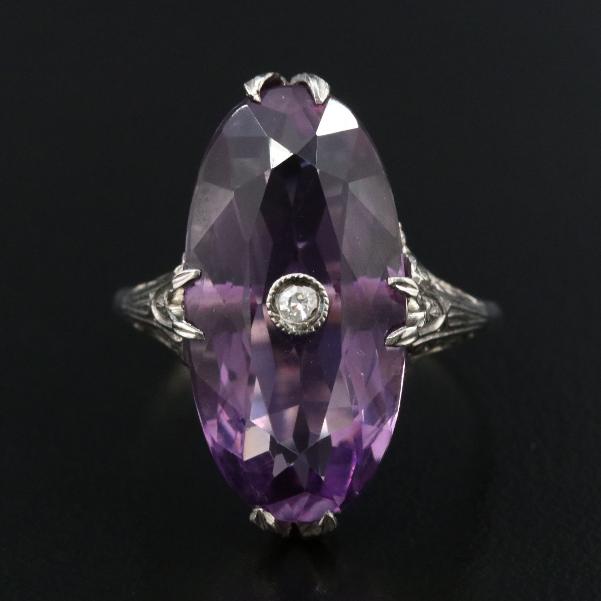 Art Deco 18K Amethyst and Diamond Open Work Navette Ring