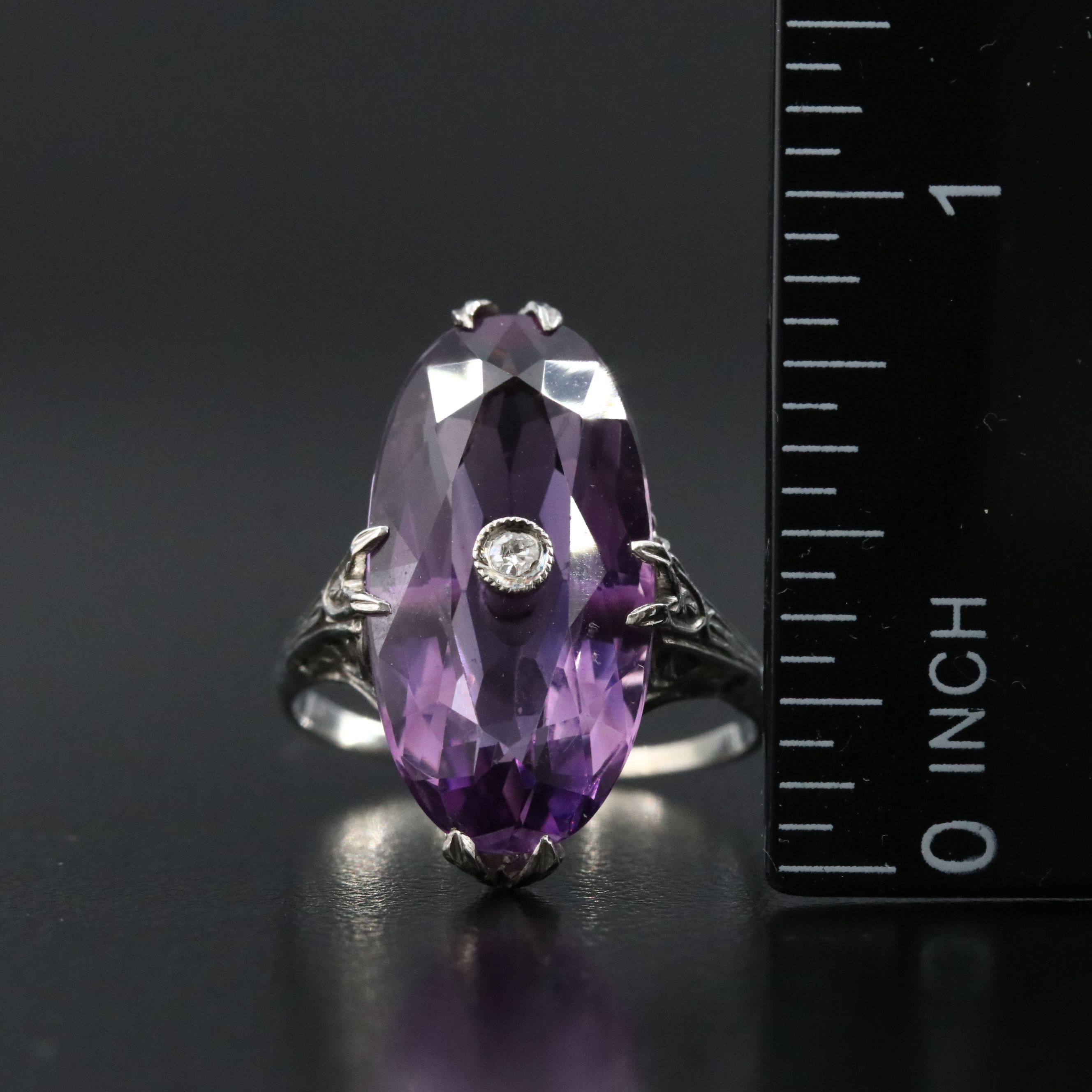 Art Deco 18K Amethyst and Diamond Open Work Navette Ring