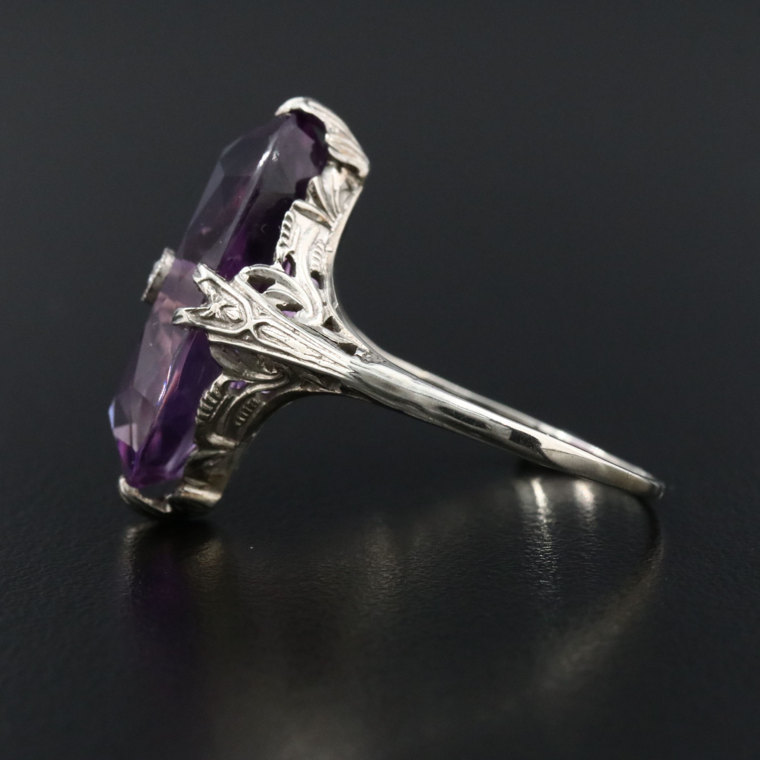 Art Deco 18K Amethyst and Diamond Open Work Navette Ring