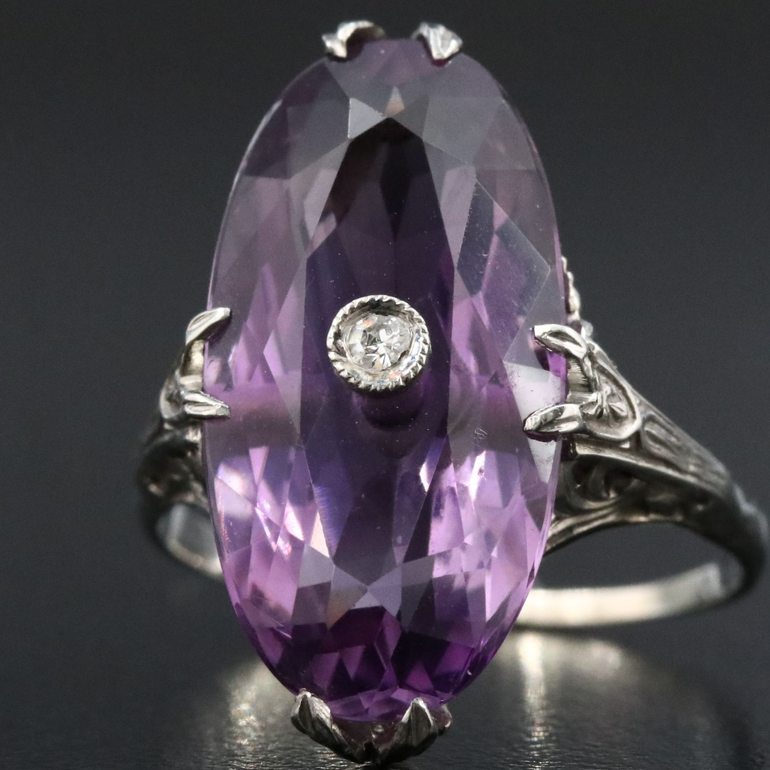 Art Deco 18K Amethyst and Diamond Open Work Navette Ring
