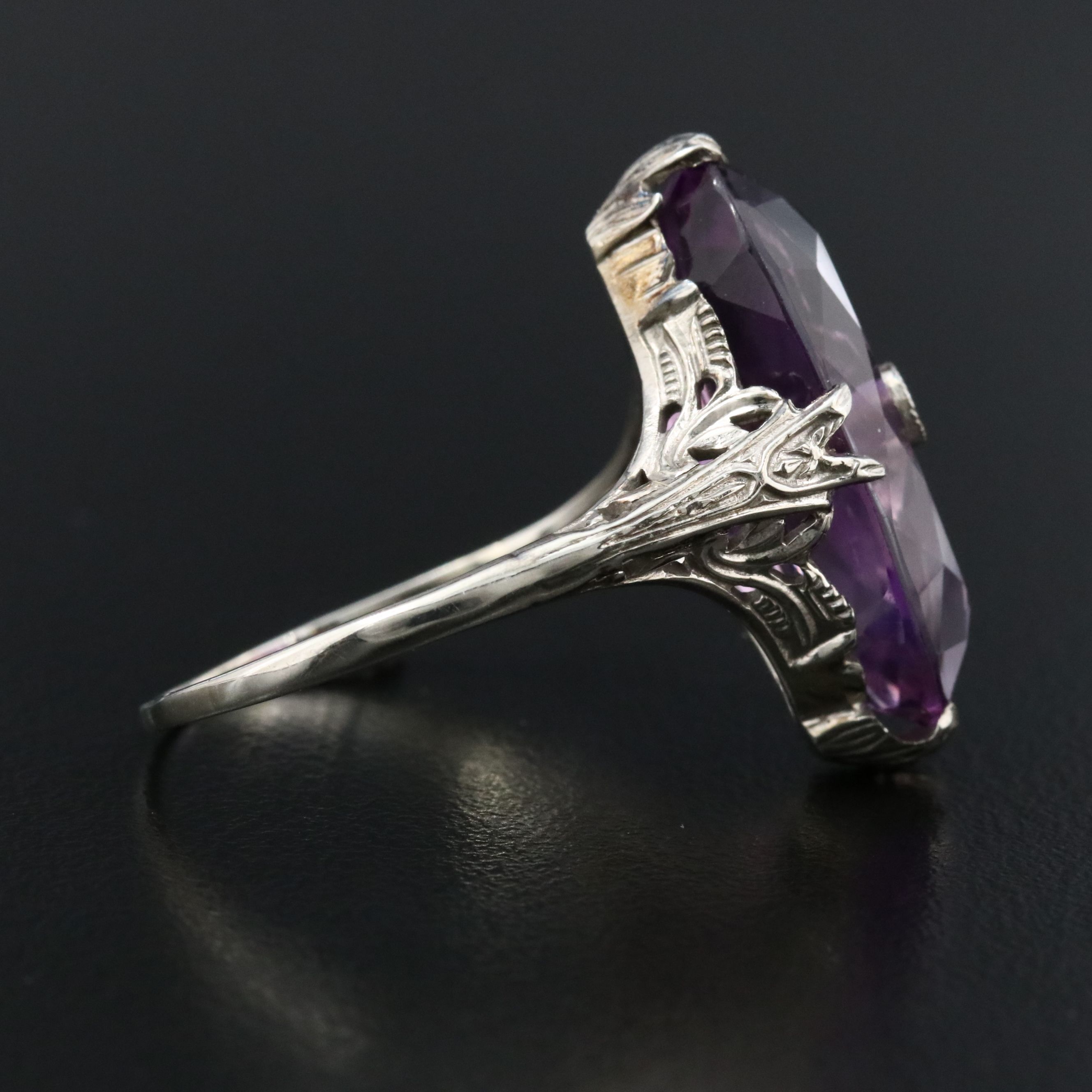 Art Deco 18K Amethyst and Diamond Open Work Navette Ring