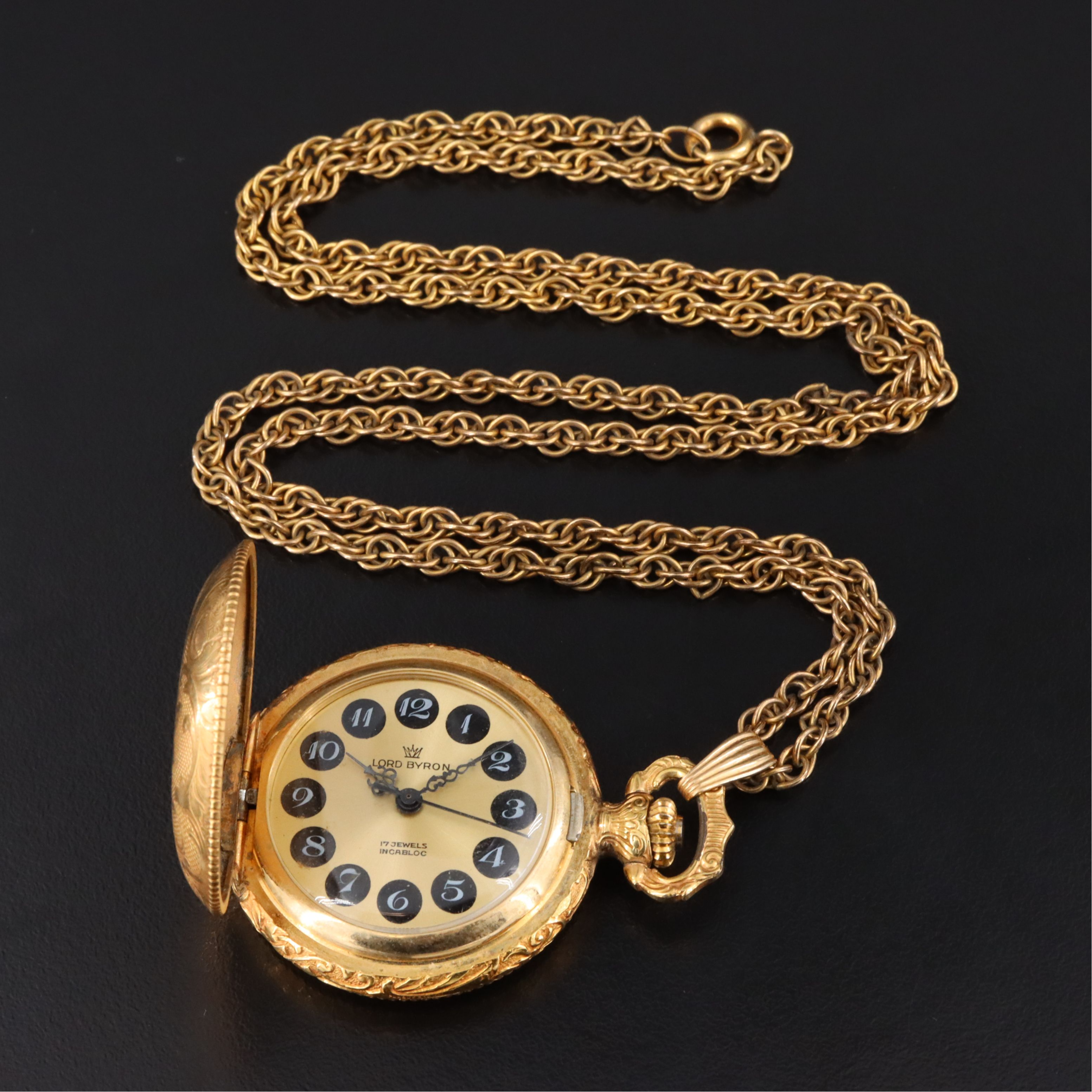 Lord Byron Ornate Gold-Tone Swiss Stem Wind Pendant/Pocket Watch