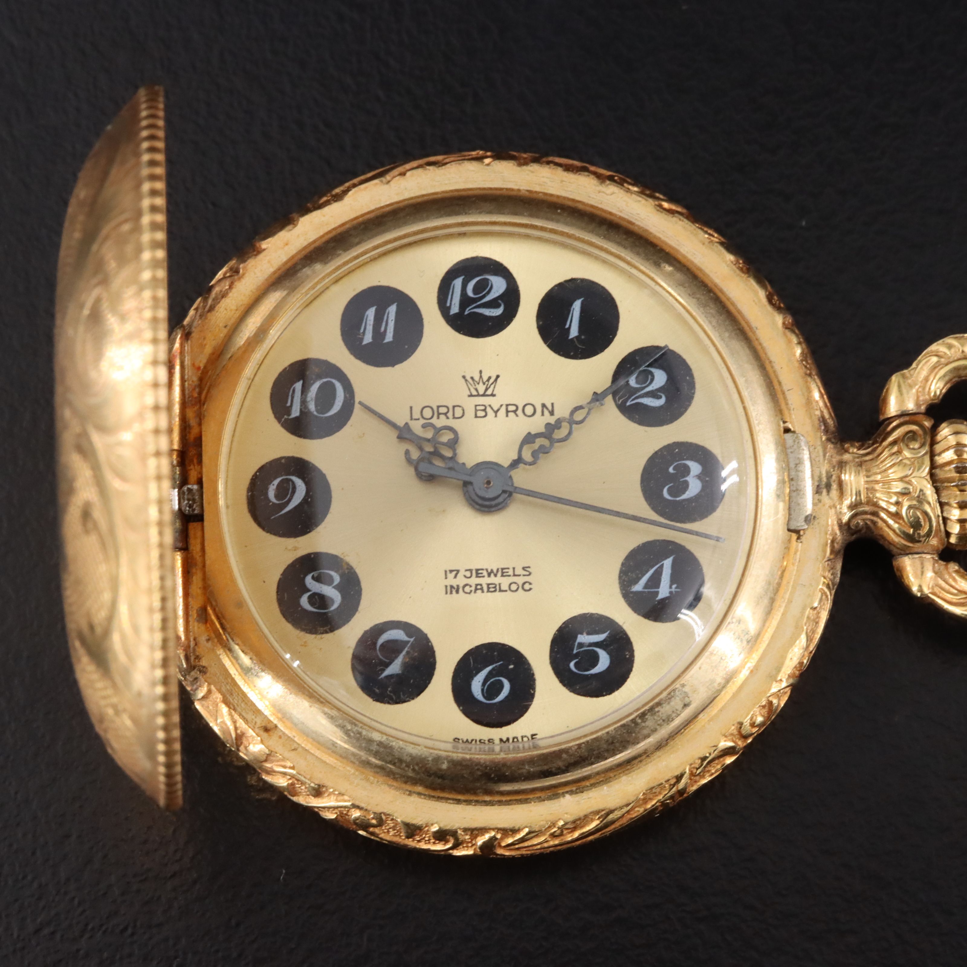 Lord Byron Ornate Gold-Tone Swiss Stem Wind Pendant/Pocket Watch