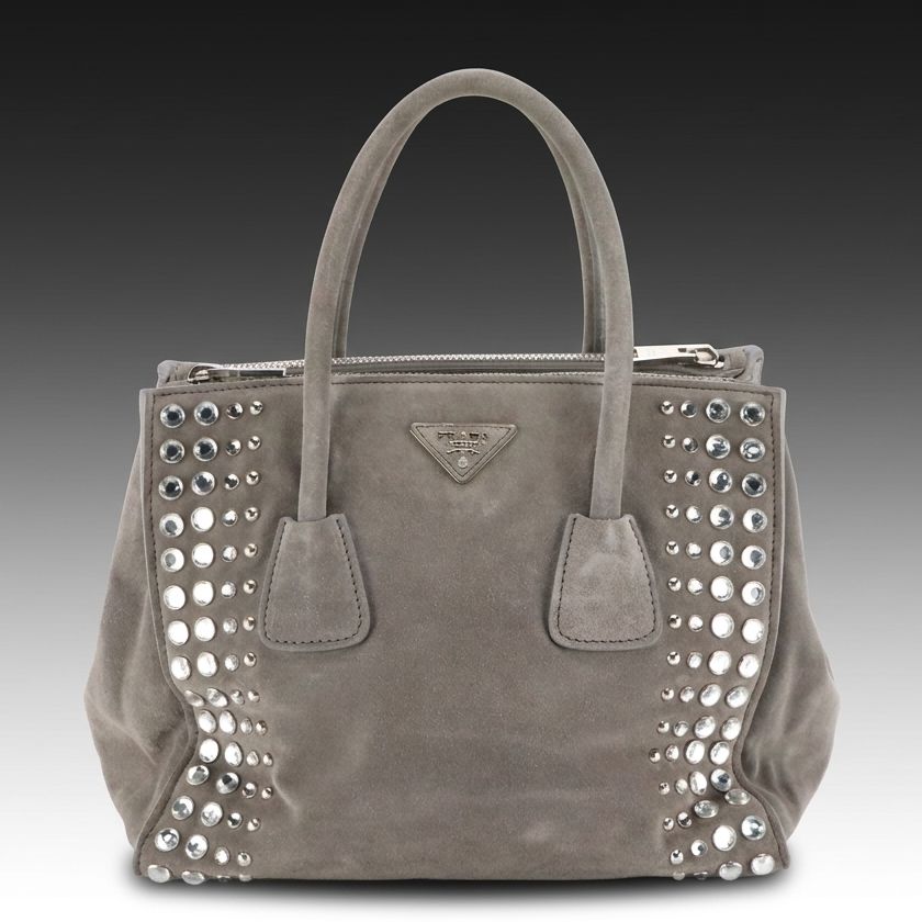 Prada Twin Pocket Top Handle Tote Bag in Embellished Grey Suede