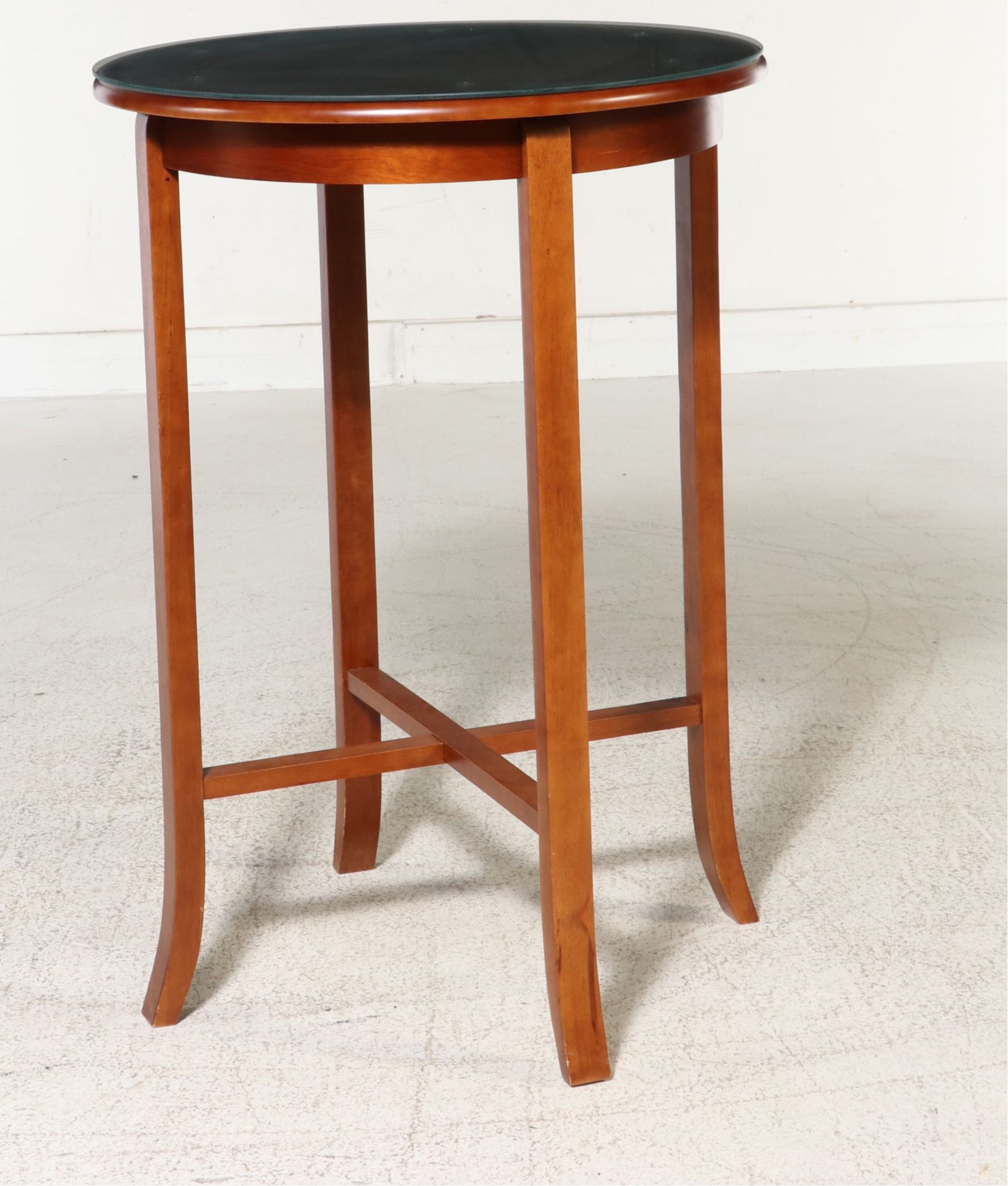 Contemporary Circular Cherry-Finish Pub Table with Protective Glass Top