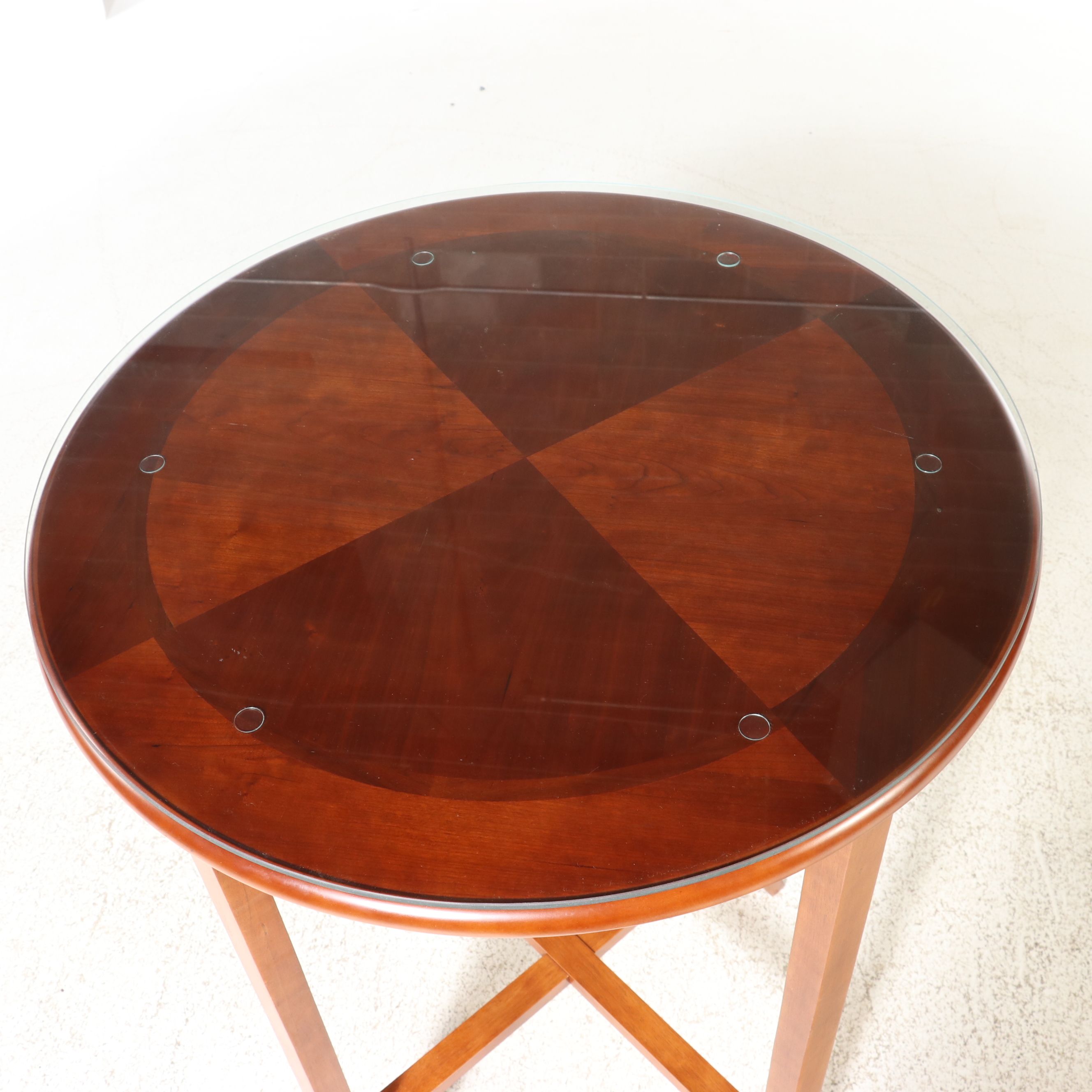 Contemporary Circular Cherry-Finish Pub Table with Protective Glass Top