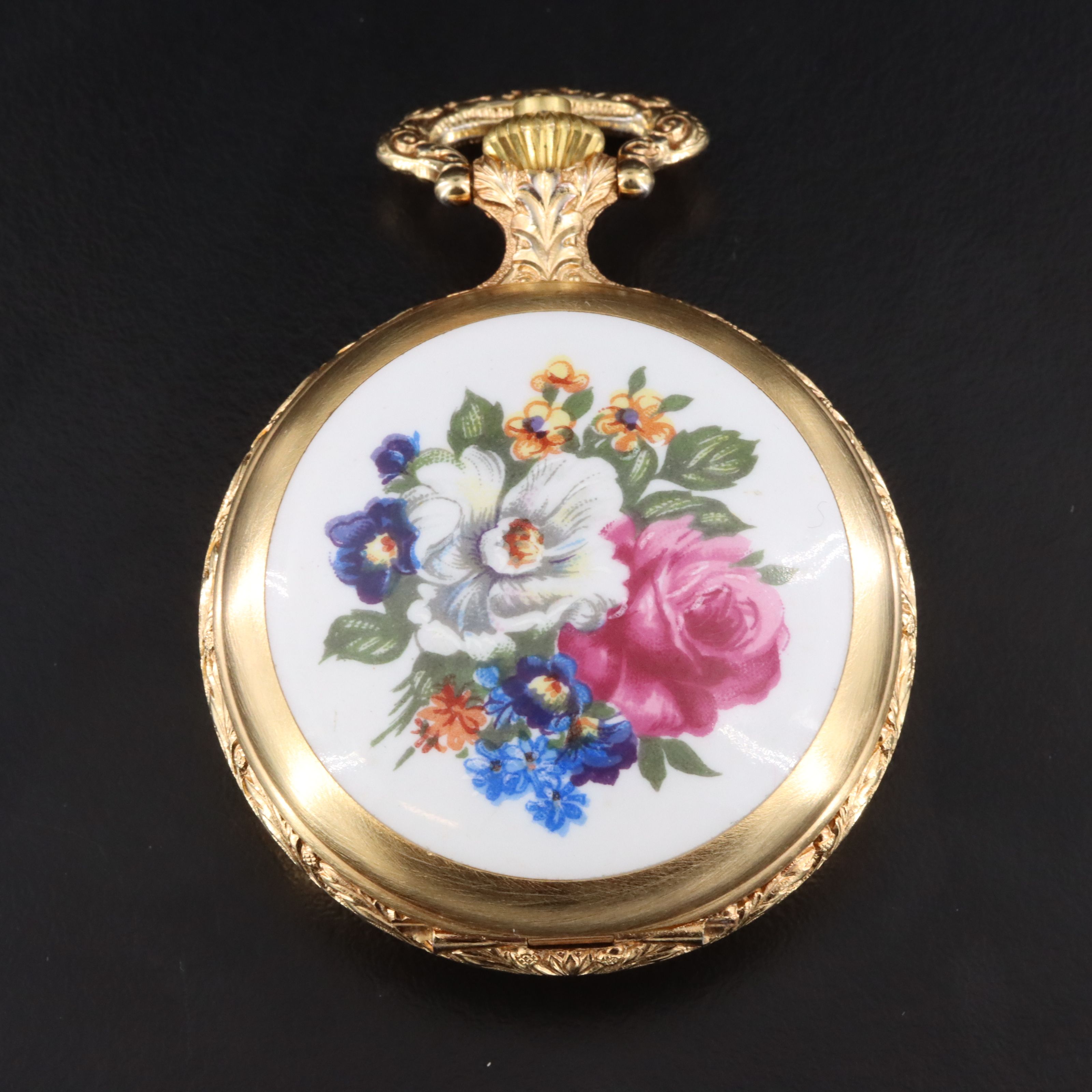Arnex Enamel and Gold Tone Pocket Watch with Mother-of-Pearl Box and Keys
