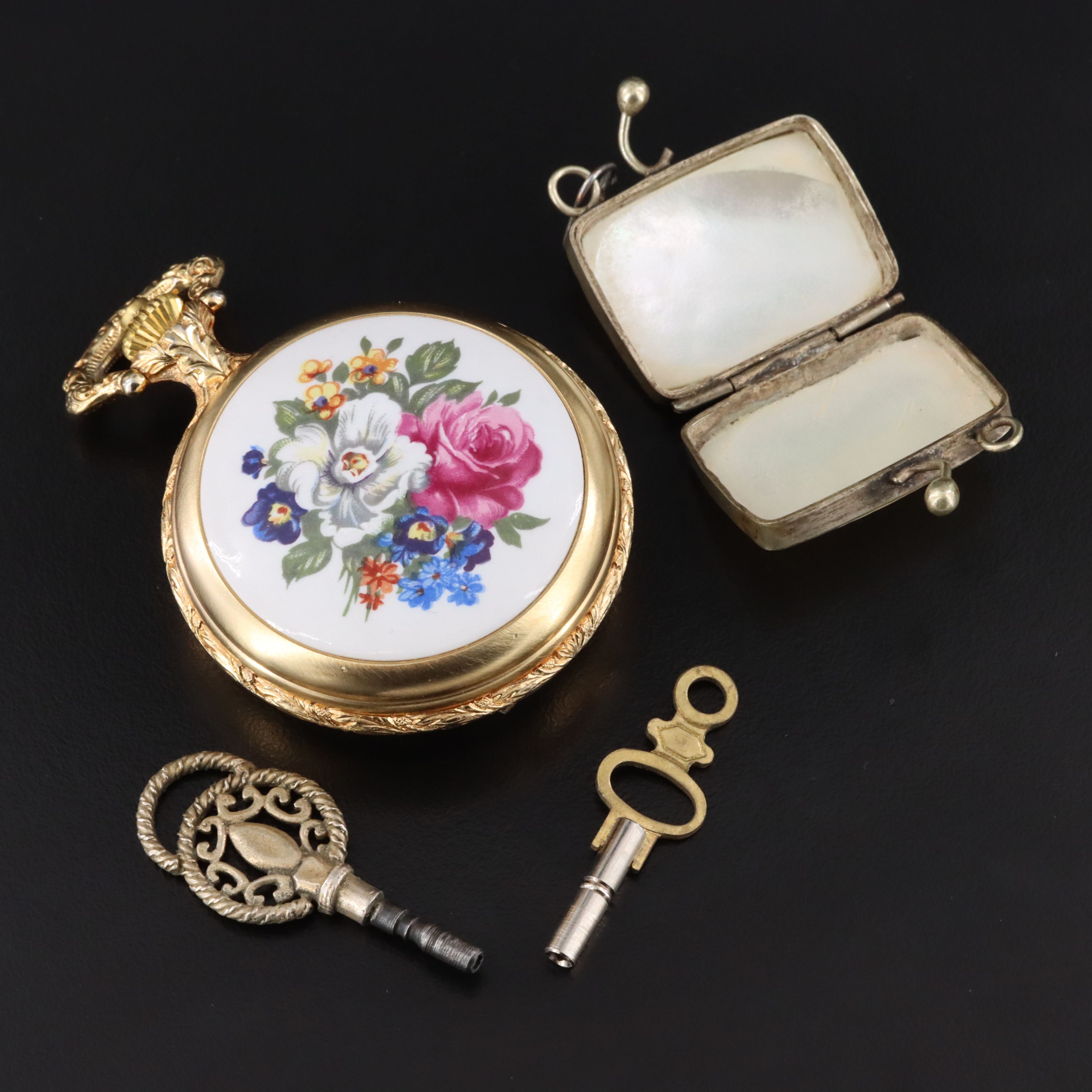 Arnex Enamel and Gold Tone Pocket Watch with Mother-of-Pearl Box and Keys