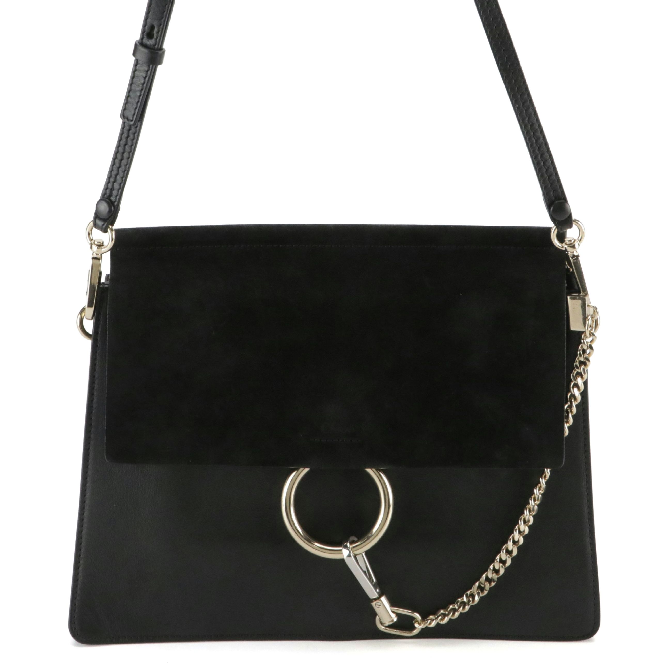Chloé Faye Medium Shoulder Bag in Black Calfskin Leather and Suede