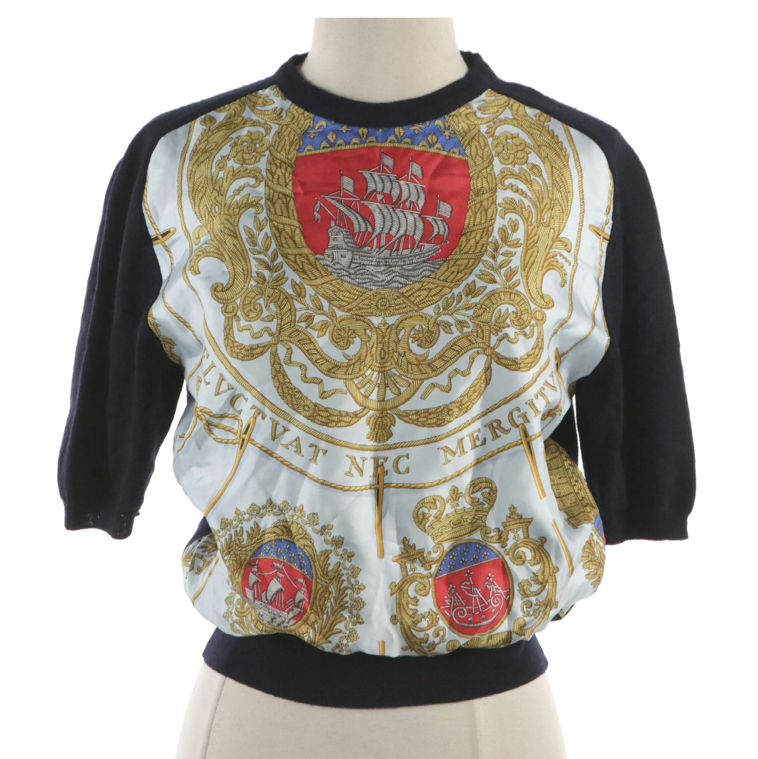 Hermès "Les Armes de Paris" Blouson Top in Silk Twill and Wool Knit