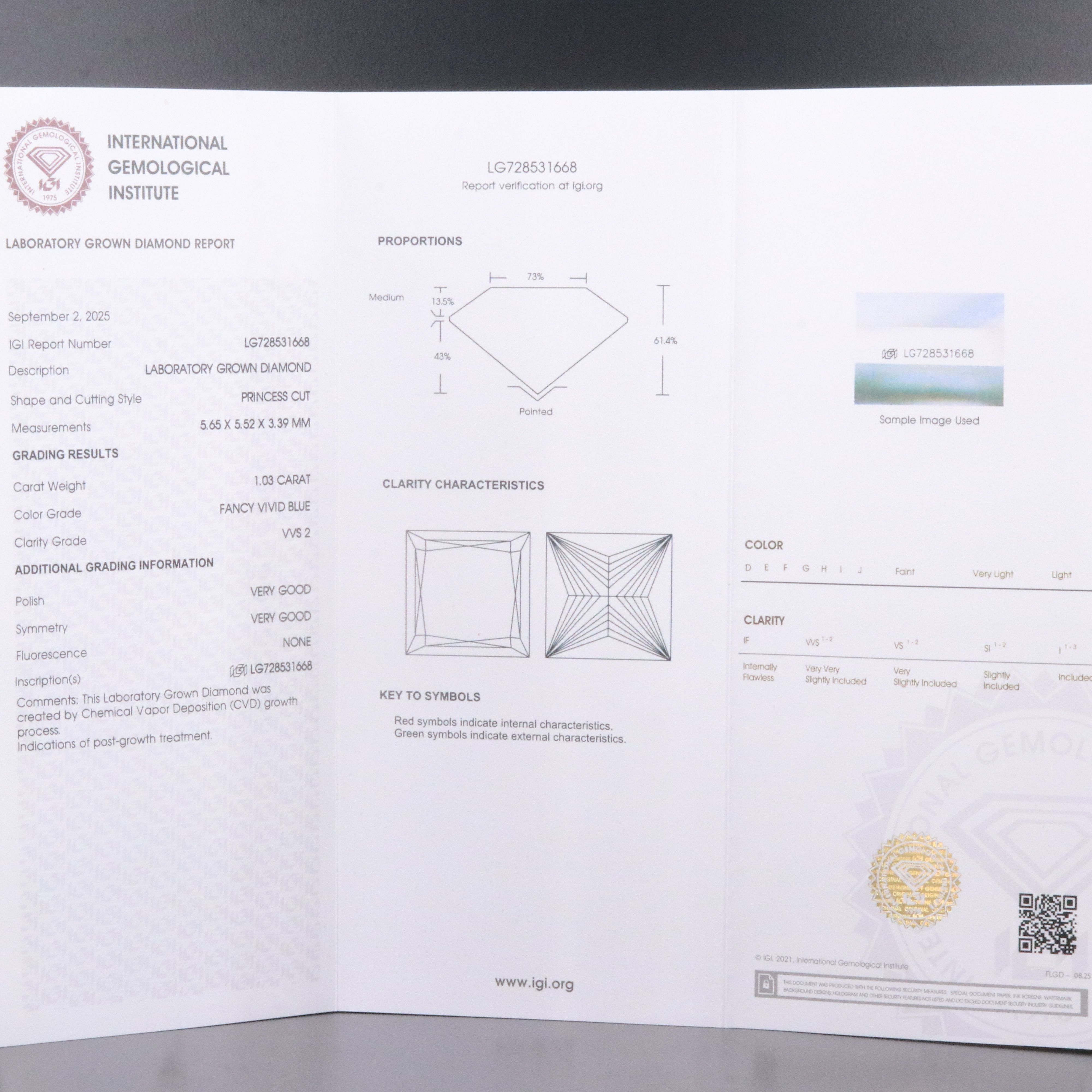 Loose 1.03 CT Lab Grown Fancy Vivid Blue Diamond with IGI Report