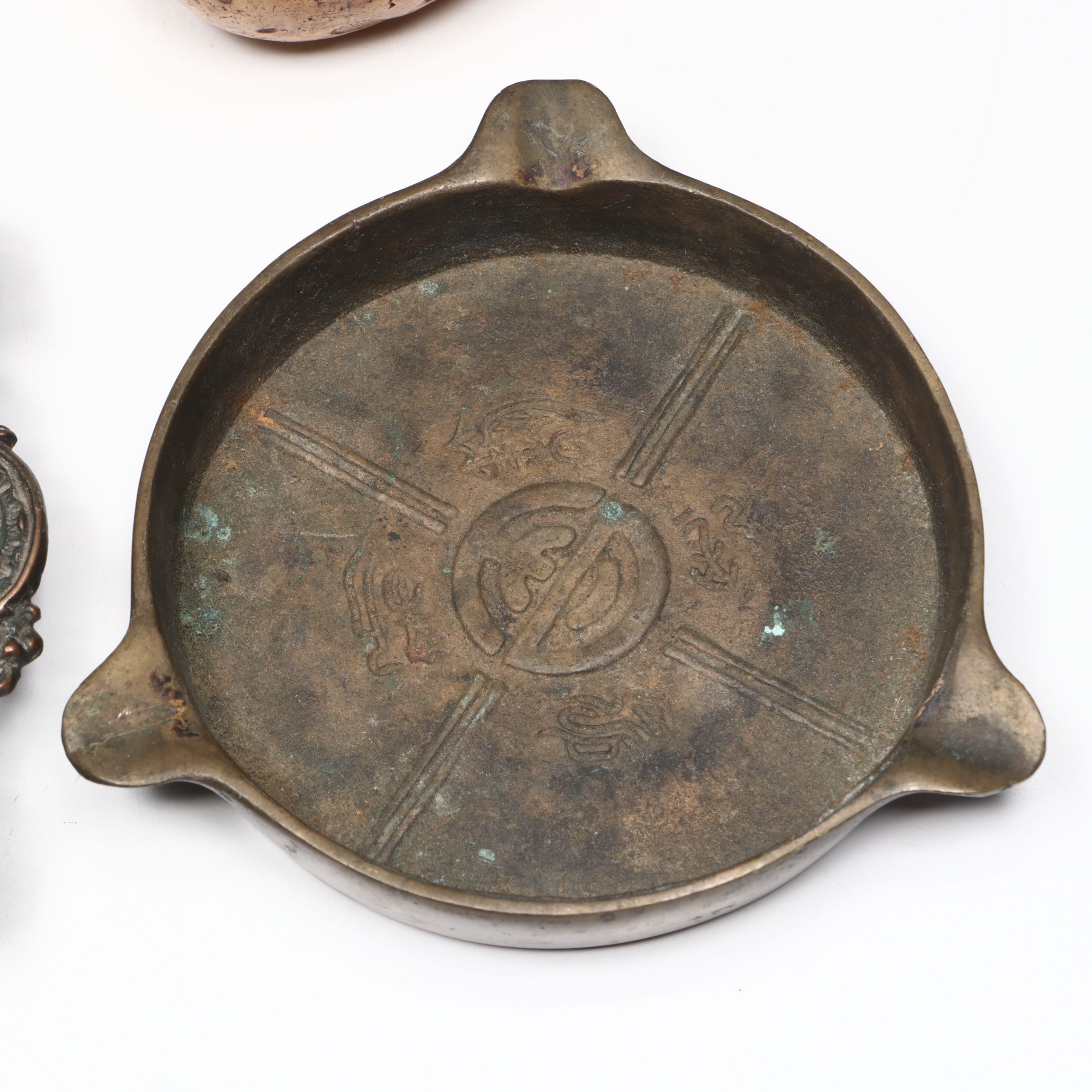 Chinese and Other Metal Ashtrays with Metal Turtle and Carved Wood Tobacco Pipe