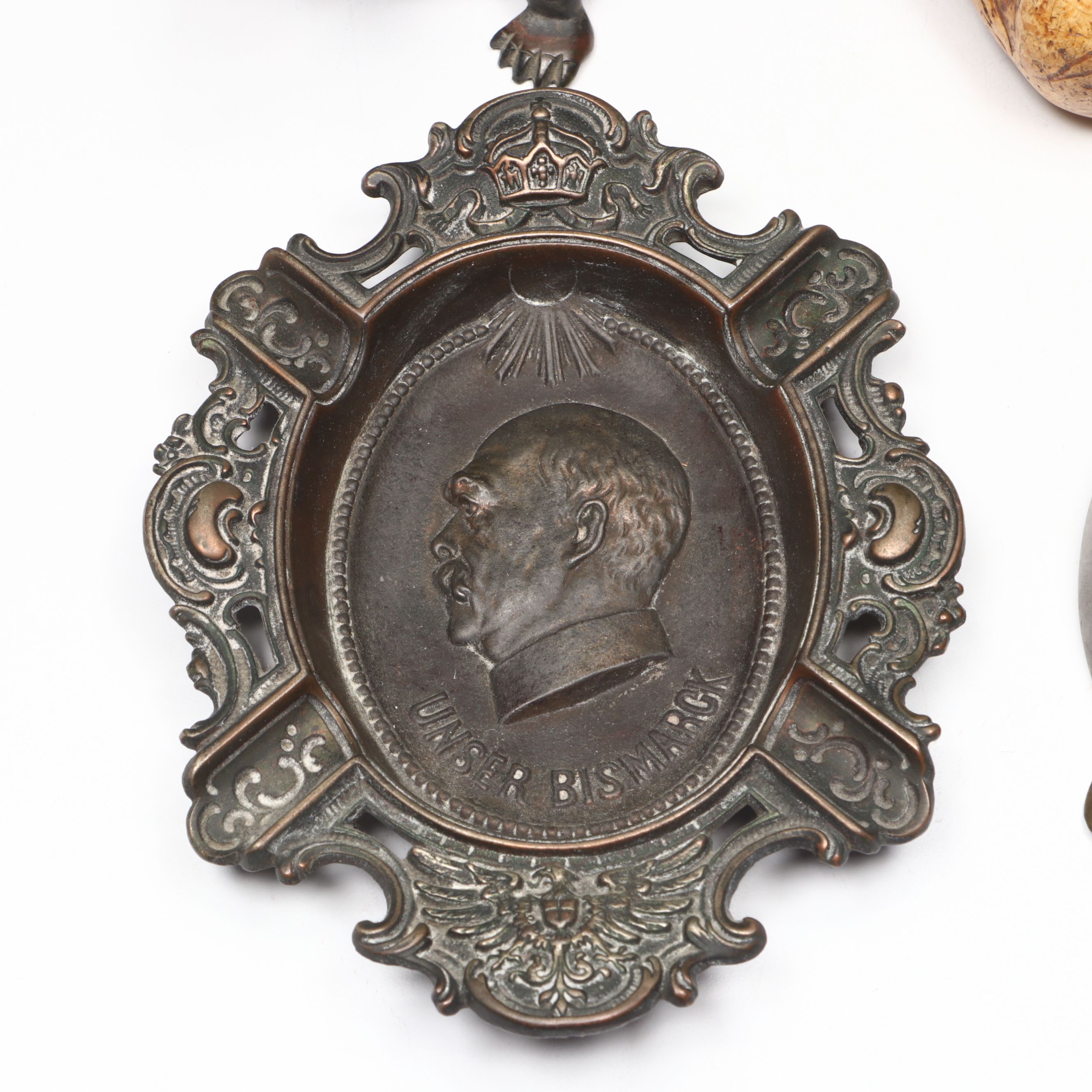 Chinese and Other Metal Ashtrays with Metal Turtle and Carved Wood Tobacco Pipe