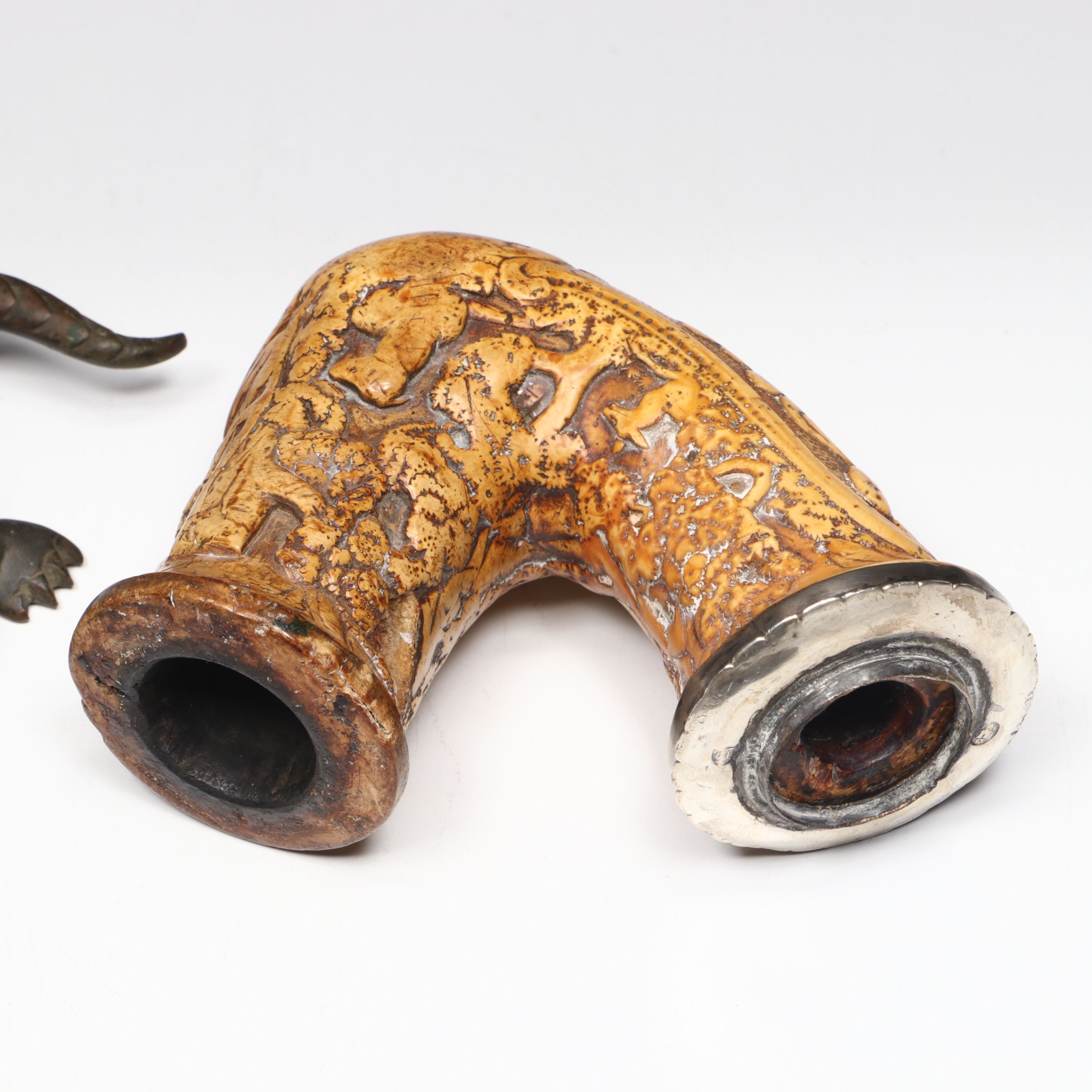 Chinese and Other Metal Ashtrays with Metal Turtle and Carved Wood Tobacco Pipe