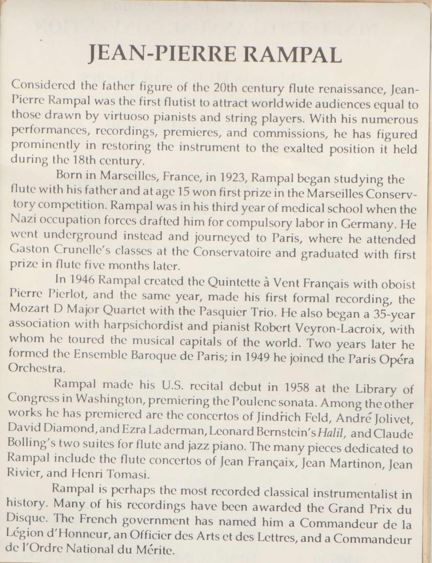 Jean-Pierre Rampal Signed Paper