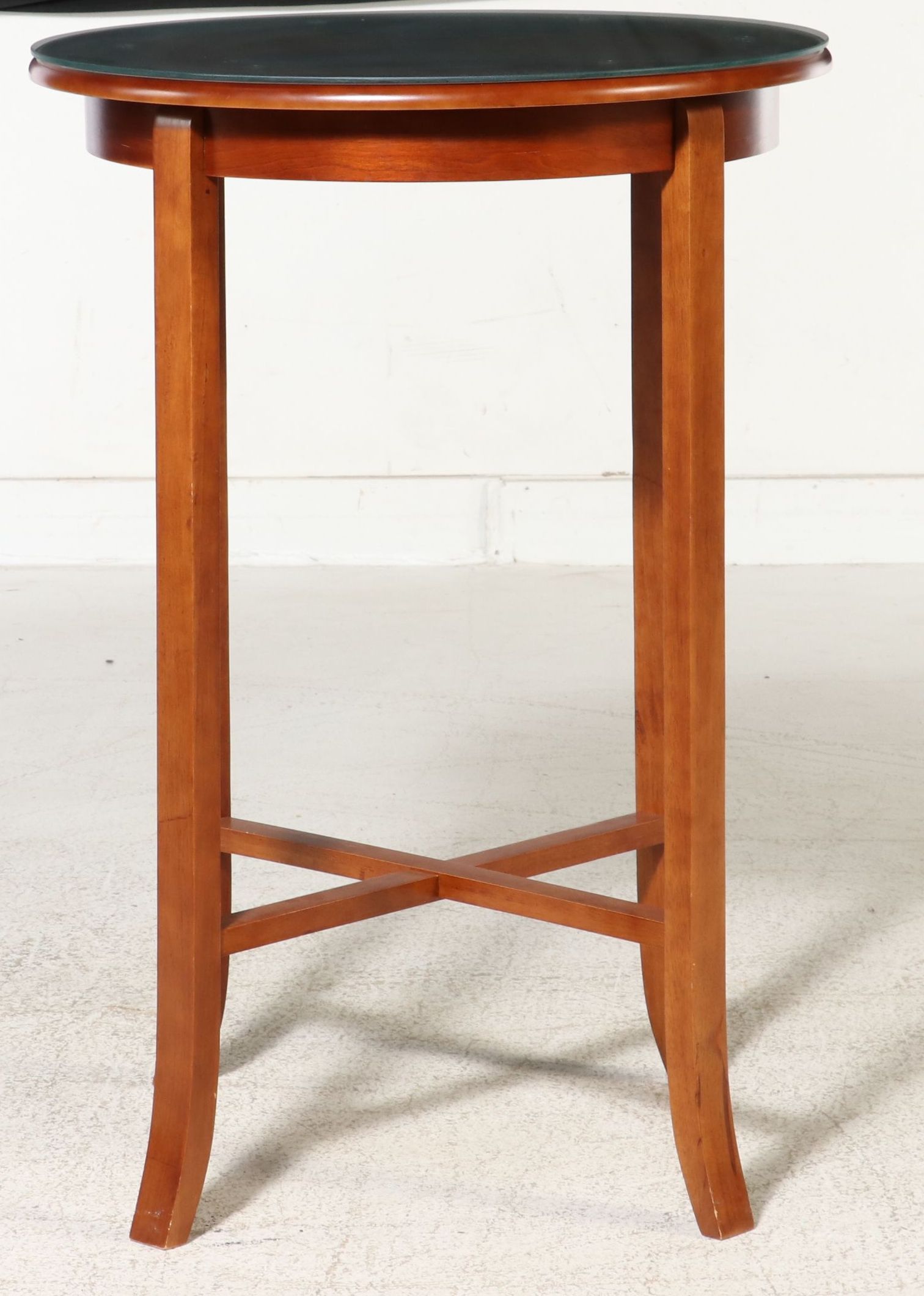 Contemporary Circular Cherry-Finish Pub Table with Protective Glass Top