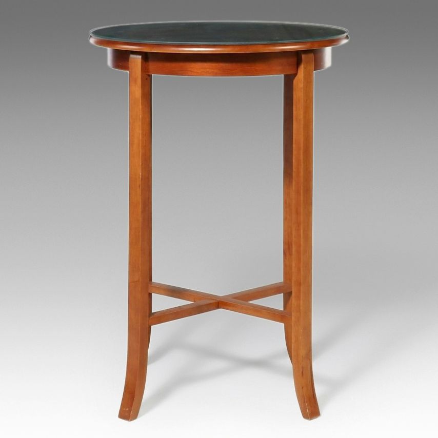 Contemporary Circular Cherry-Finish Pub Table with Protective Glass Top