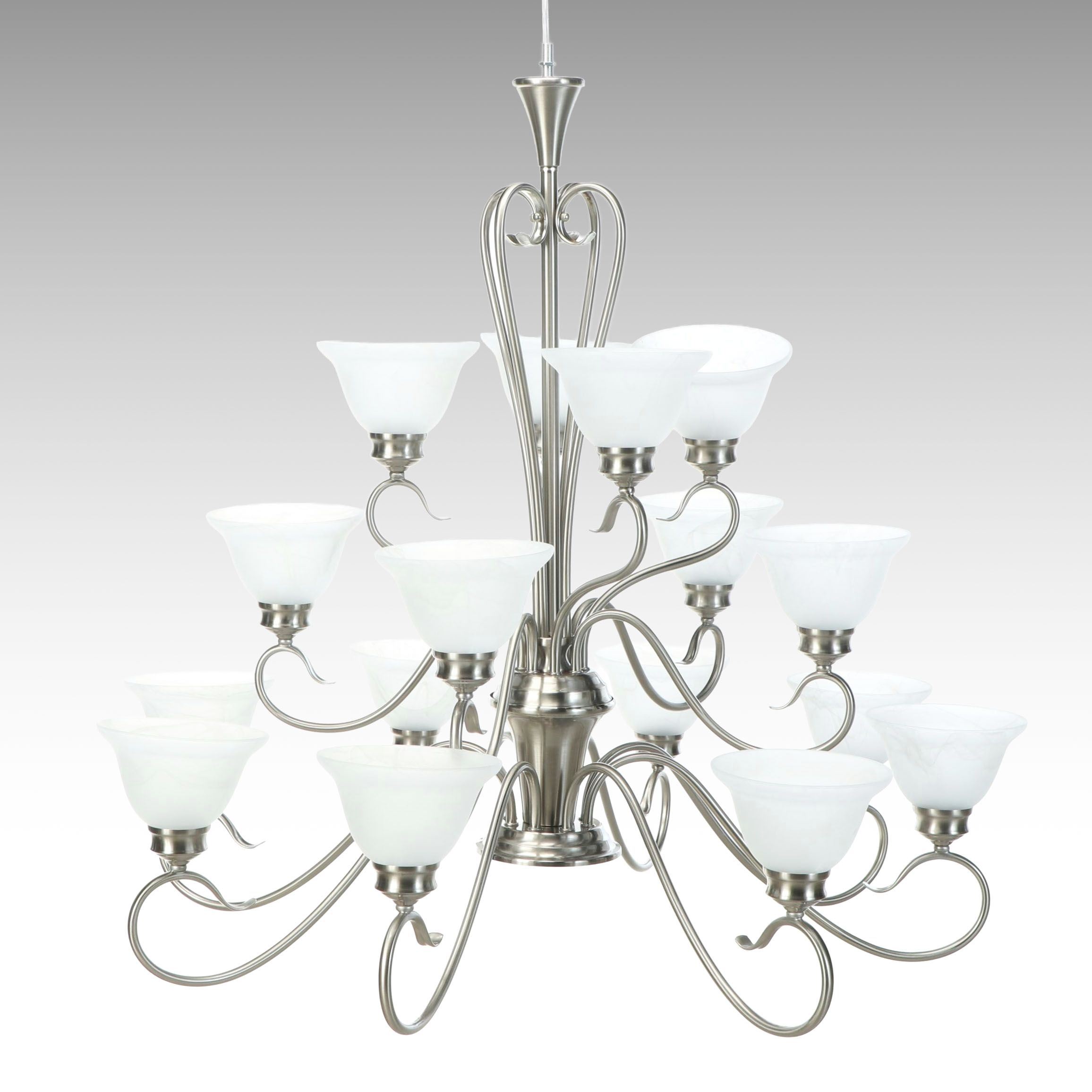 Brushed Nickel and Satin Glass Triple Tier Chandelier, 21st Century