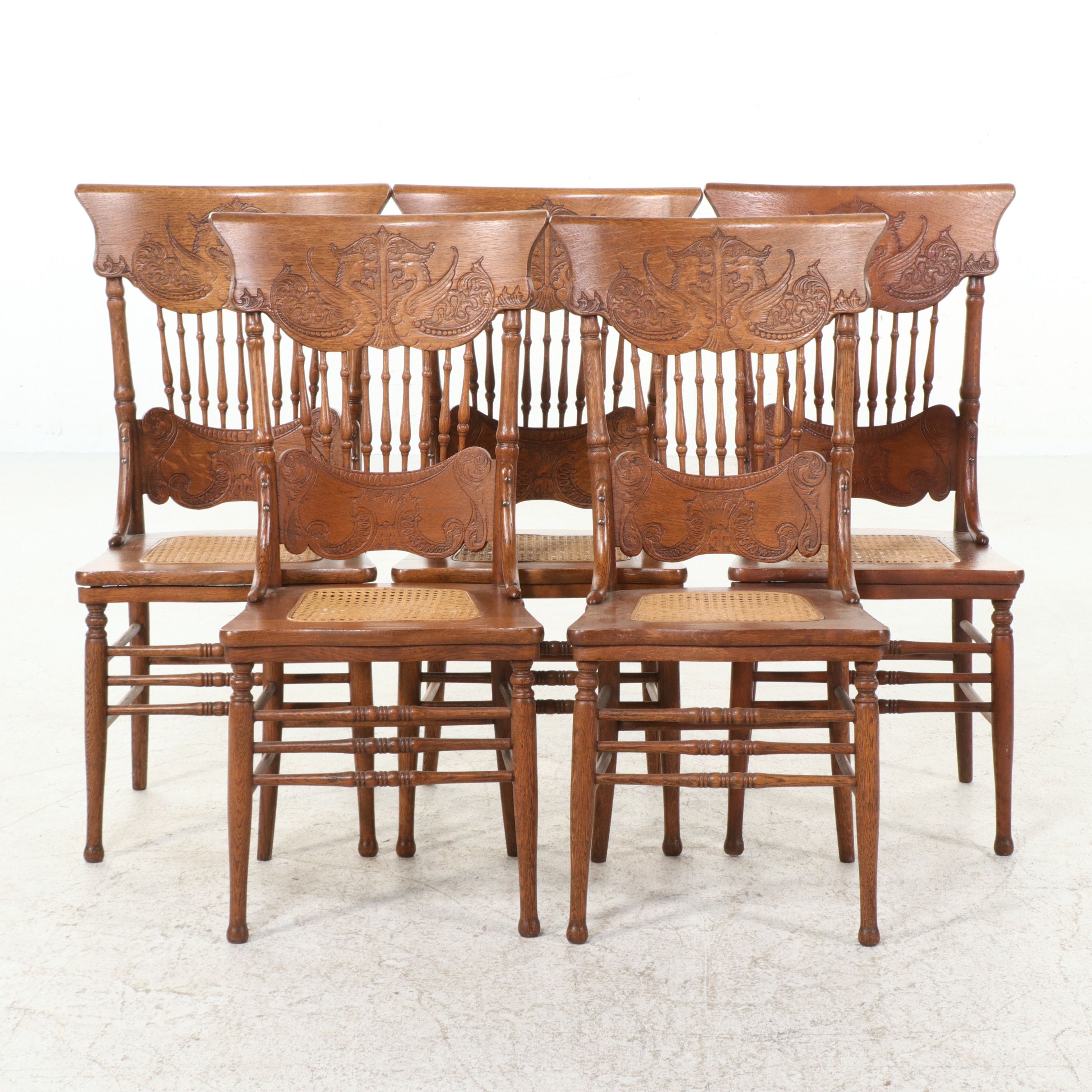 Set of Five Victorian Style Pressed-Back Oak Dining Chairs with Cane Seats
