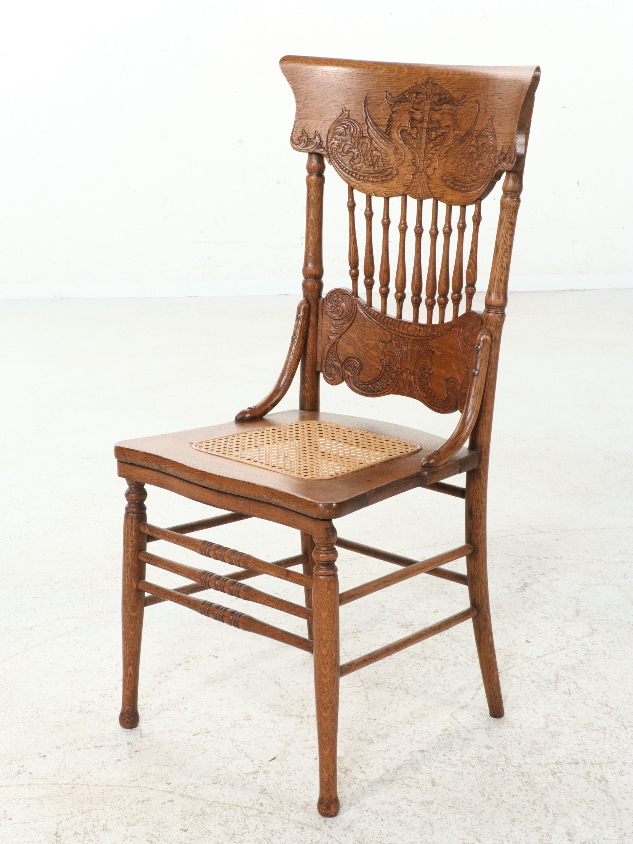 Set of Five Victorian Style Pressed-Back Oak Dining Chairs with Cane Seats