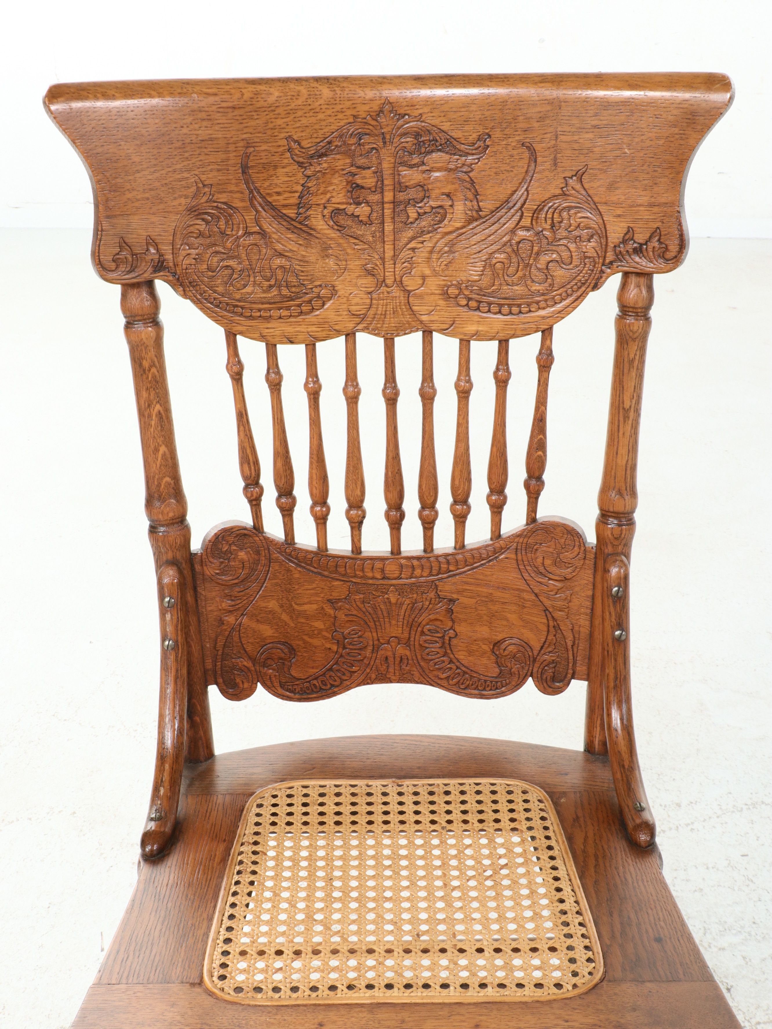 Set of Five Victorian Style Pressed-Back Oak Dining Chairs with Cane Seats