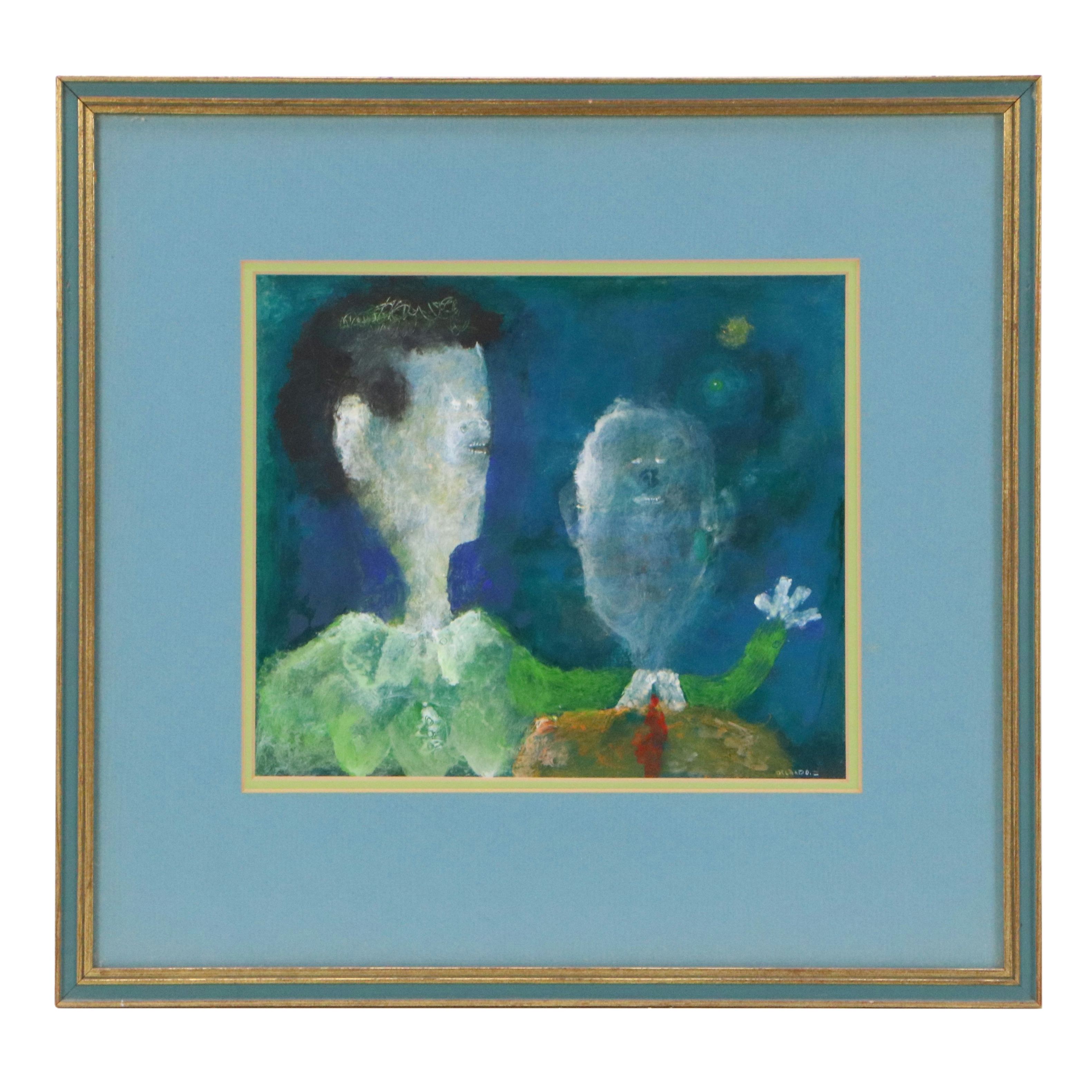 Felipe Orlando Surrealist Figure Gouache Painting, Late 20th or 21st Century