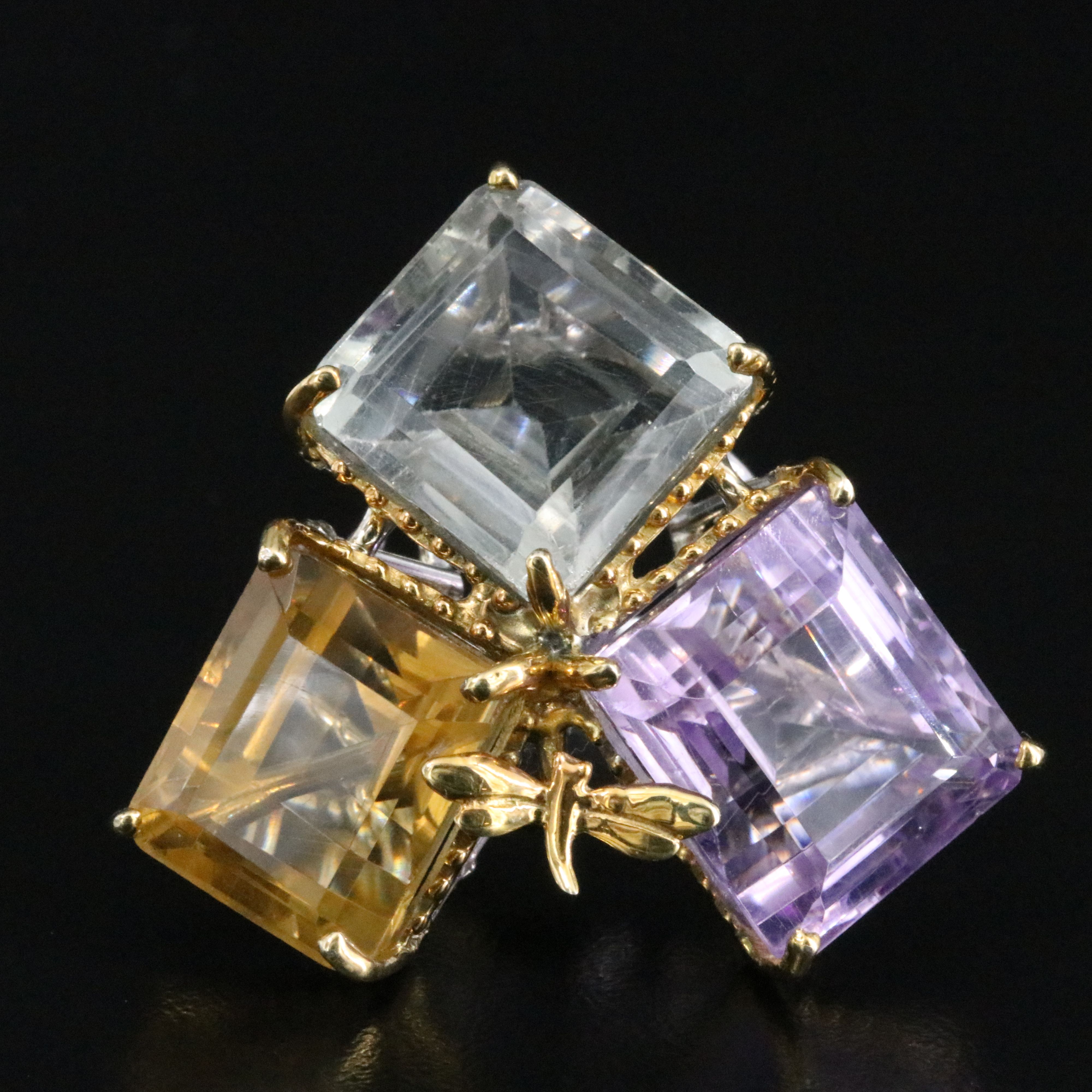 Sterling Amethyst, Prasiolite and Citrine Ring with Dragonfly Accent