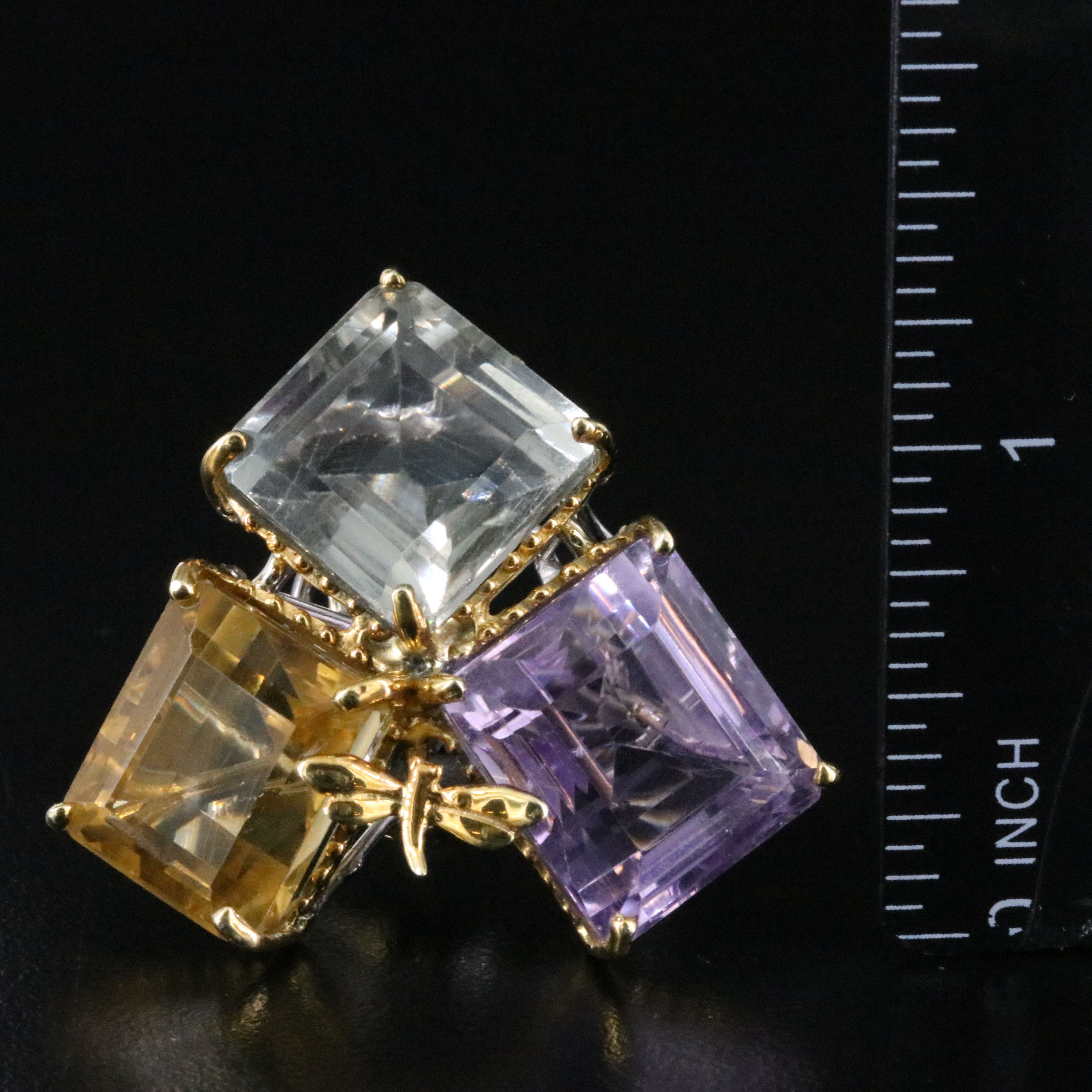 Sterling Amethyst, Prasiolite and Citrine Ring with Dragonfly Accent